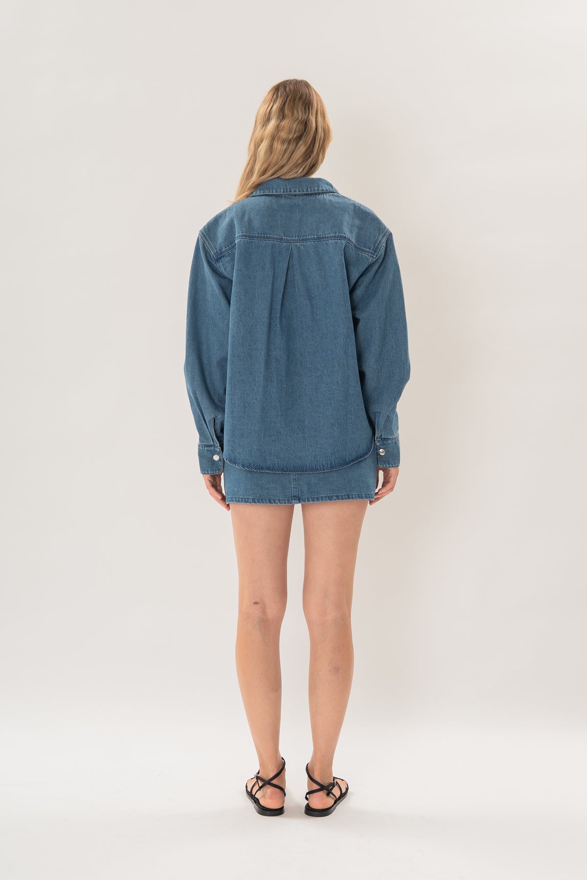 Denim Long Sleeve Overshirt in Mid Blue Wash