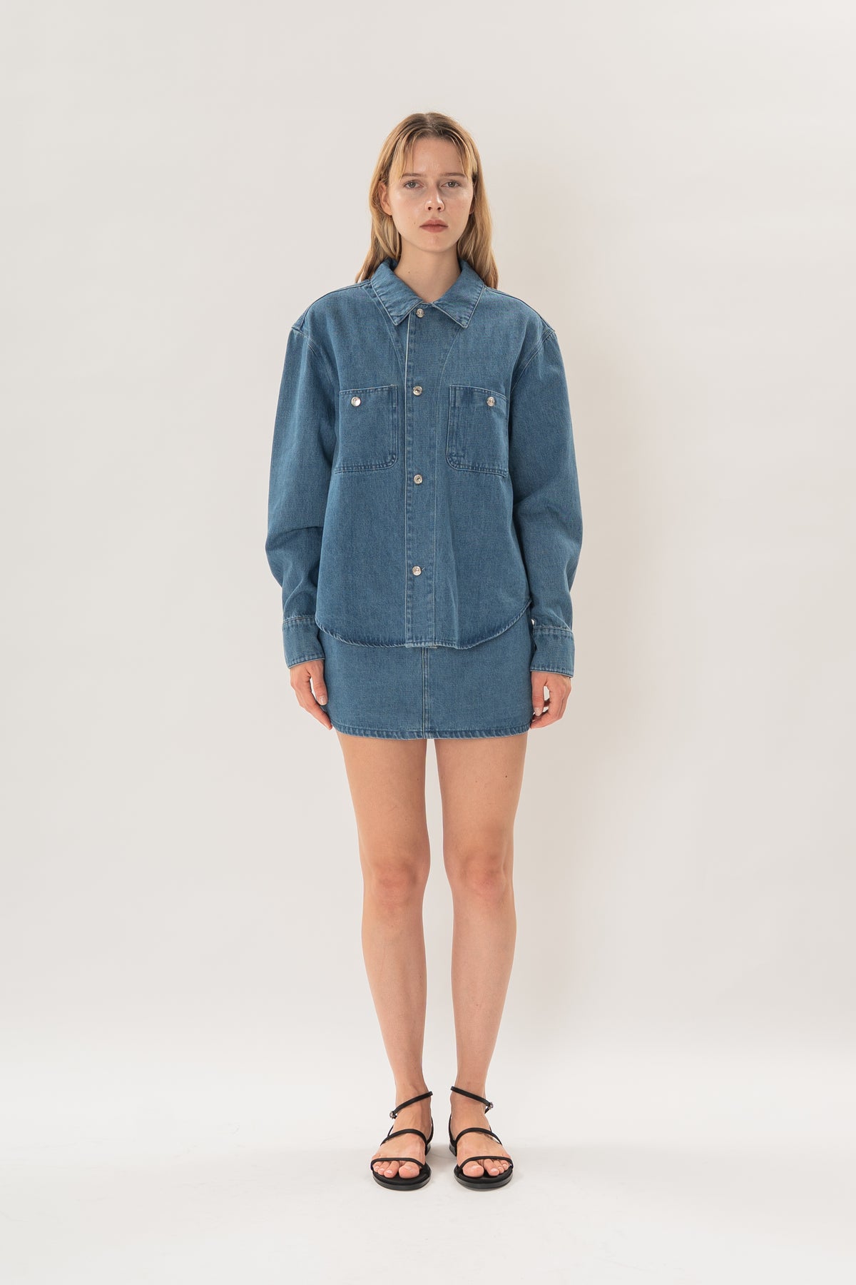 Denim Long Sleeve Overshirt in Mid Blue Wash