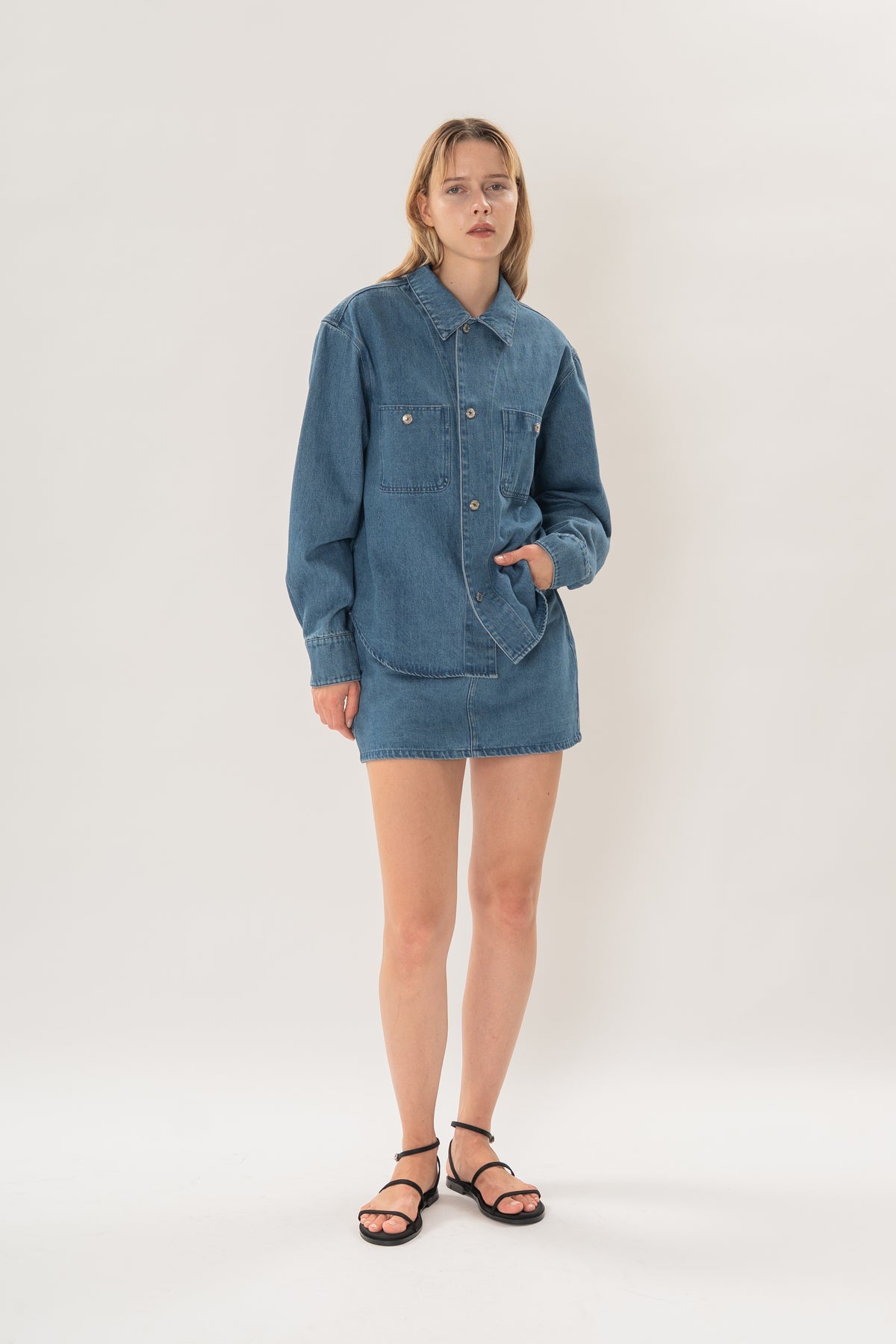 Denim Long Sleeve Overshirt in Mid Blue Wash