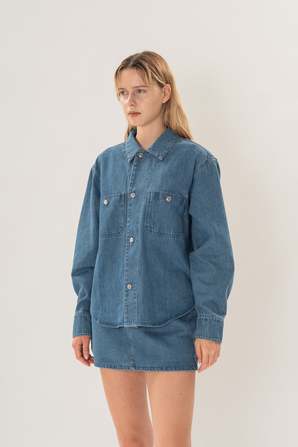 Denim Long Sleeve Overshirt in Mid Blue Wash