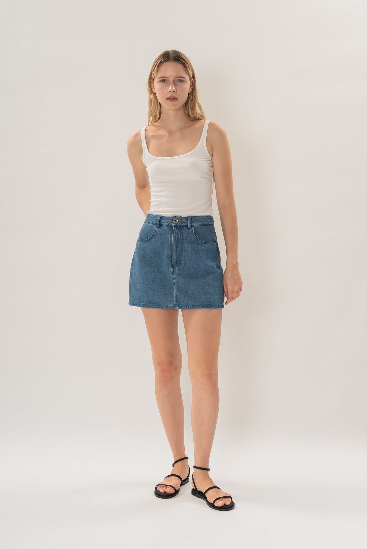 Classic Denim Skort in Mid Blue Wash