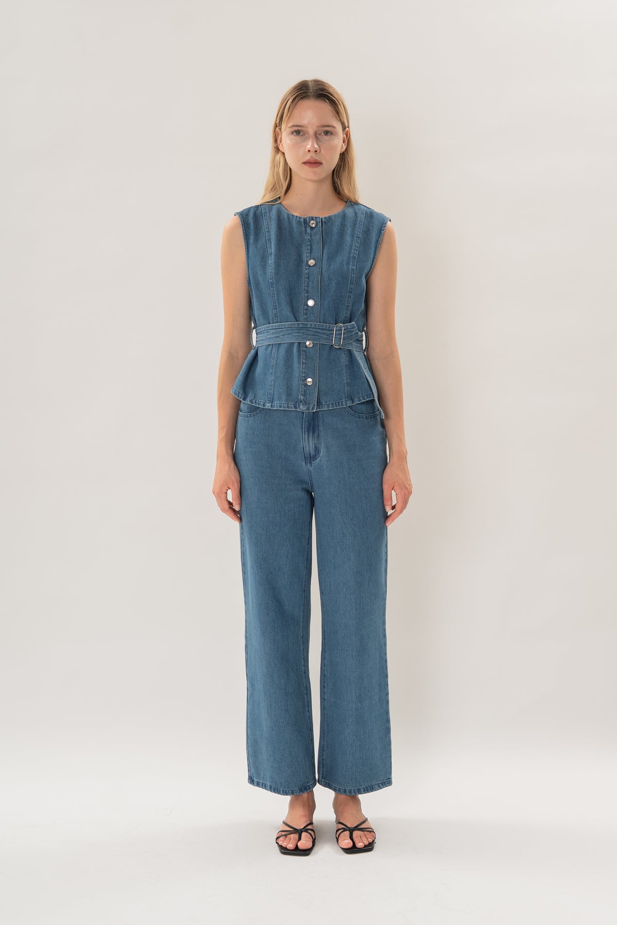 Sleeveless Denim Button Top in Mid Blue Wash