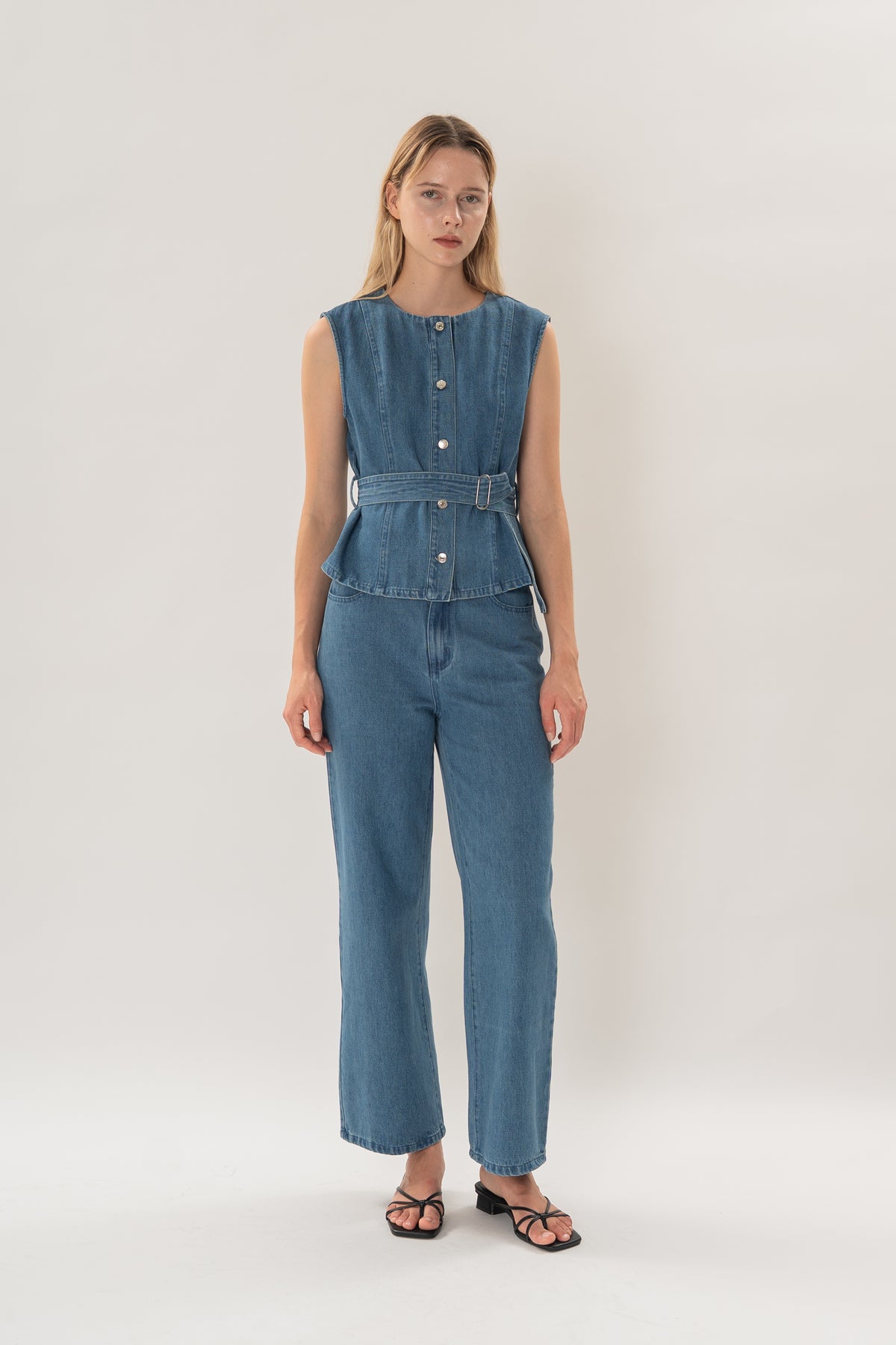 Sleeveless Denim Button Top in Mid Blue Wash
