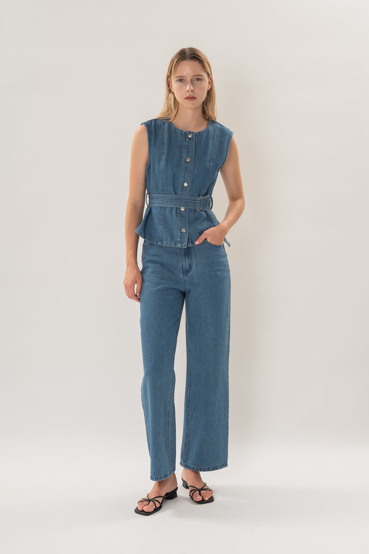 Sleeveless Denim Button Top in Mid Blue Wash
