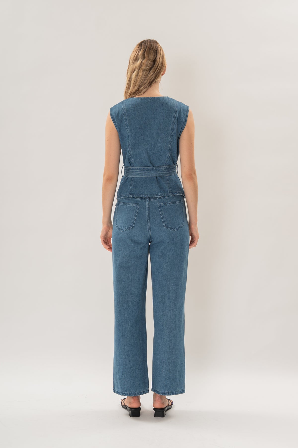 Sleeveless Denim Button Top in Mid Blue Wash