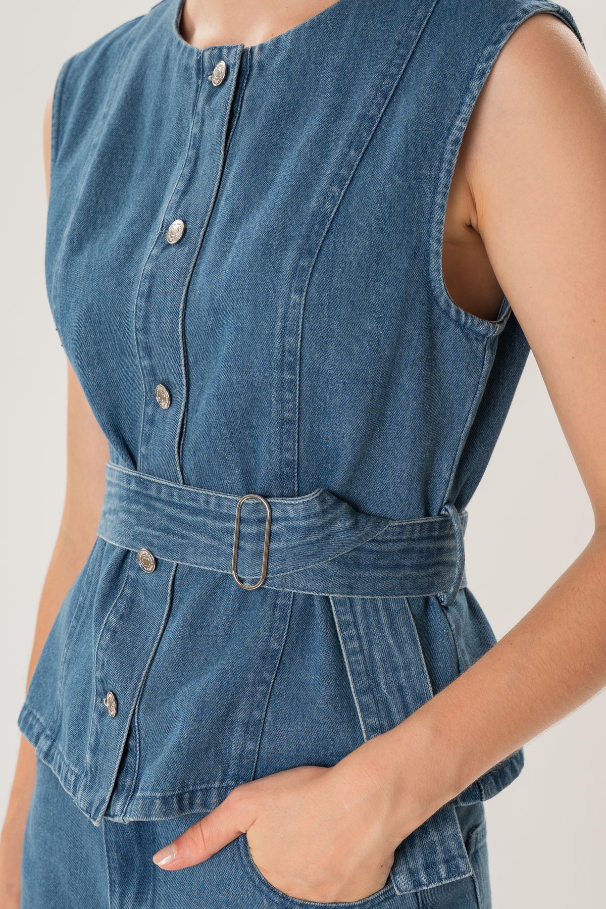 Sleeveless Denim Button Top in Mid Blue Wash