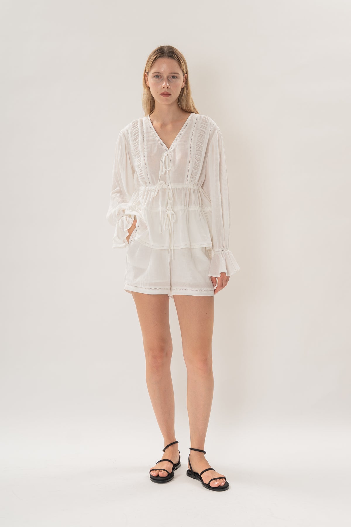 Textured Long Sleeve Blouse With Eyelet Detailing in White