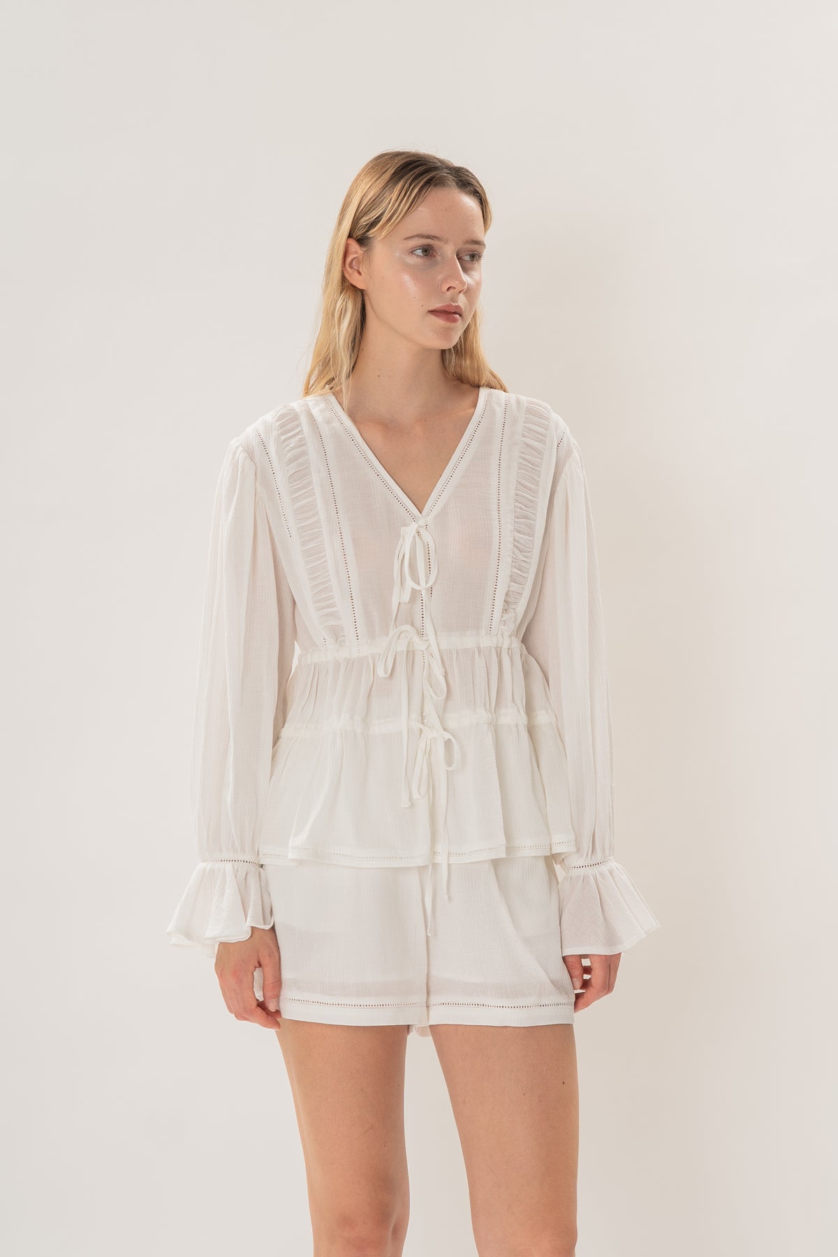 Textured Long Sleeve Blouse With Eyelet Detailing in White
