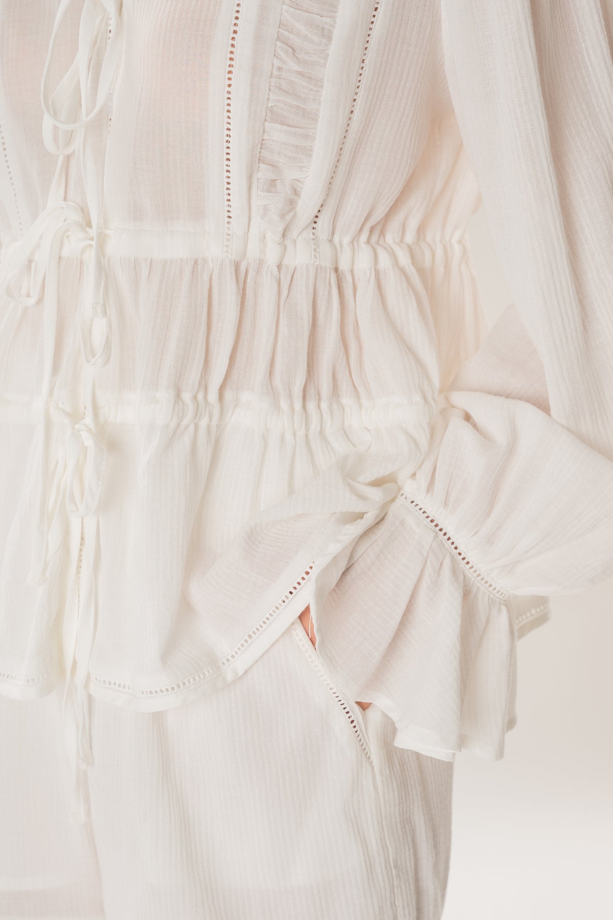 Textured Long Sleeve Blouse With Eyelet Detailing in White