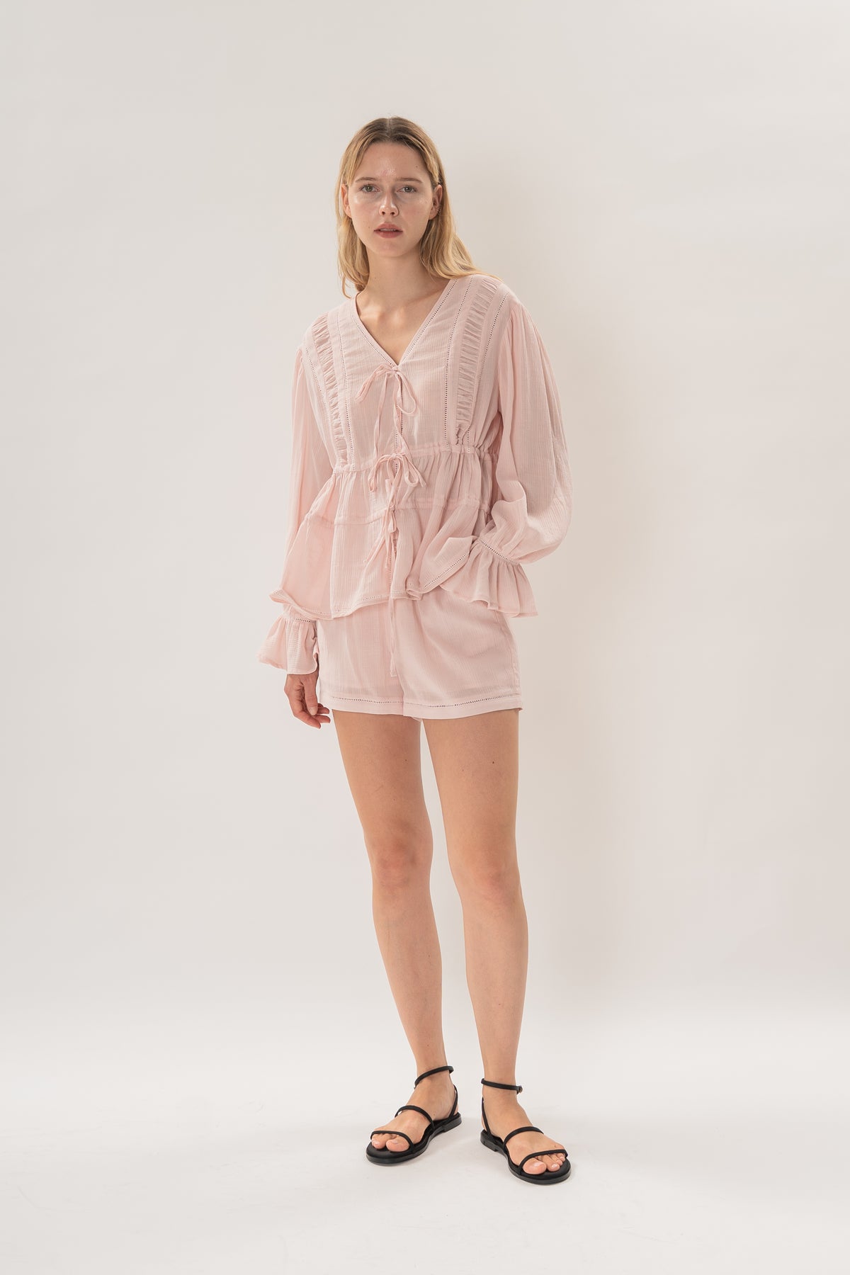 Textured Long Sleeve Blouse With Eyelet Detailing in Pink