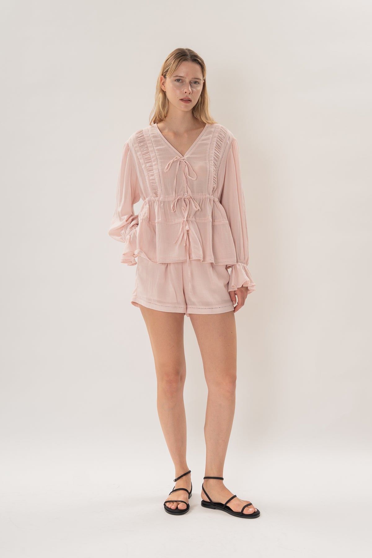 Textured Long Sleeve Blouse With Eyelet Detailing in Pink