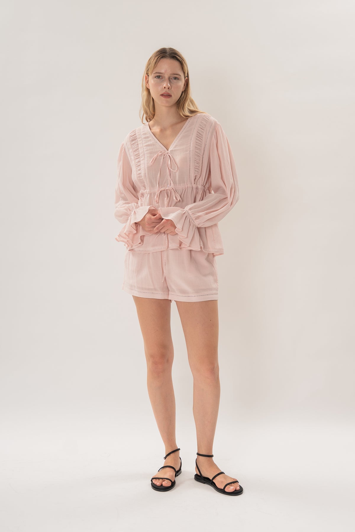 Textured Long Sleeve Blouse With Eyelet Detailing in Pink