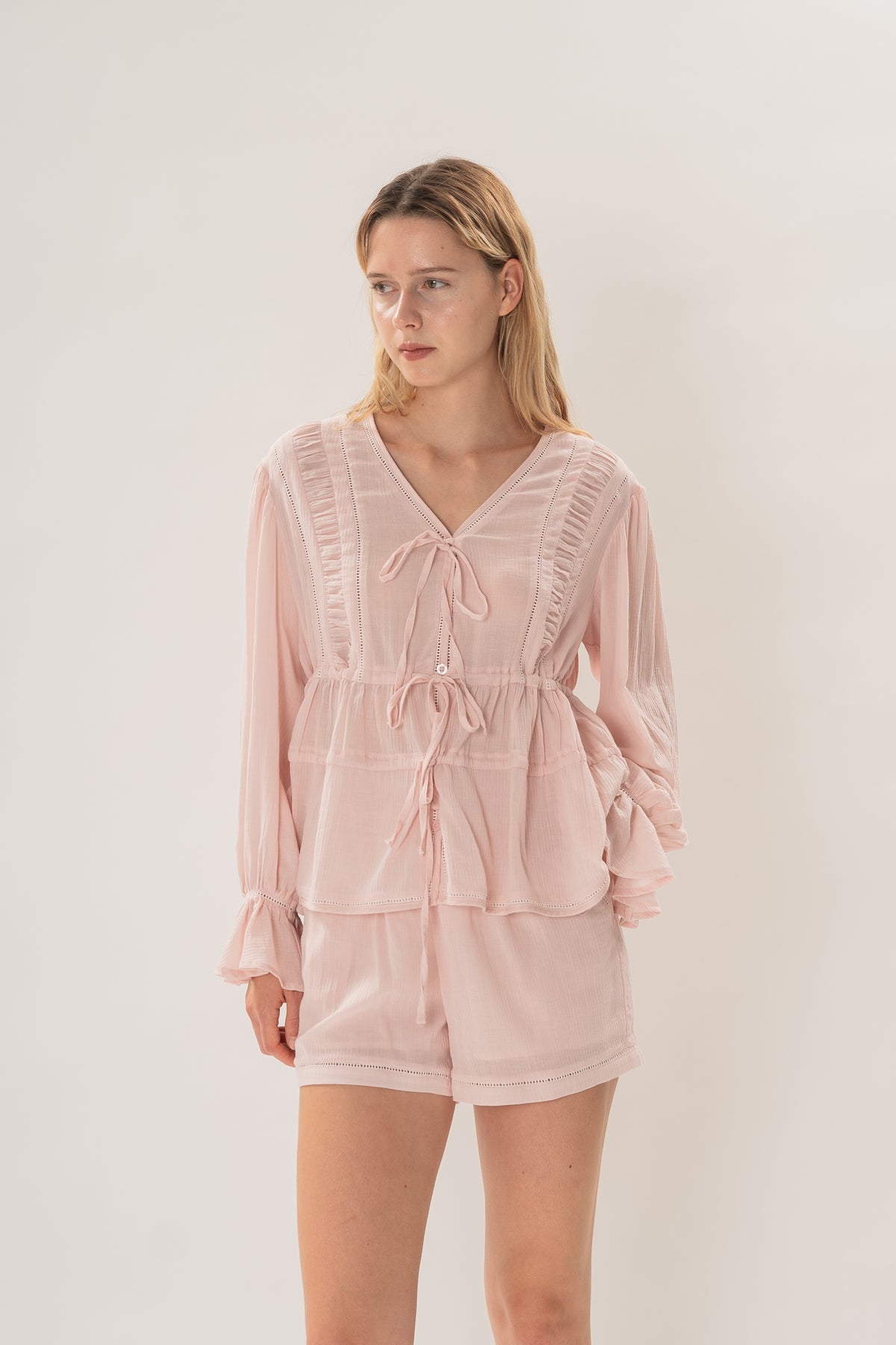 Textured Long Sleeve Blouse With Eyelet Detailing in Pink