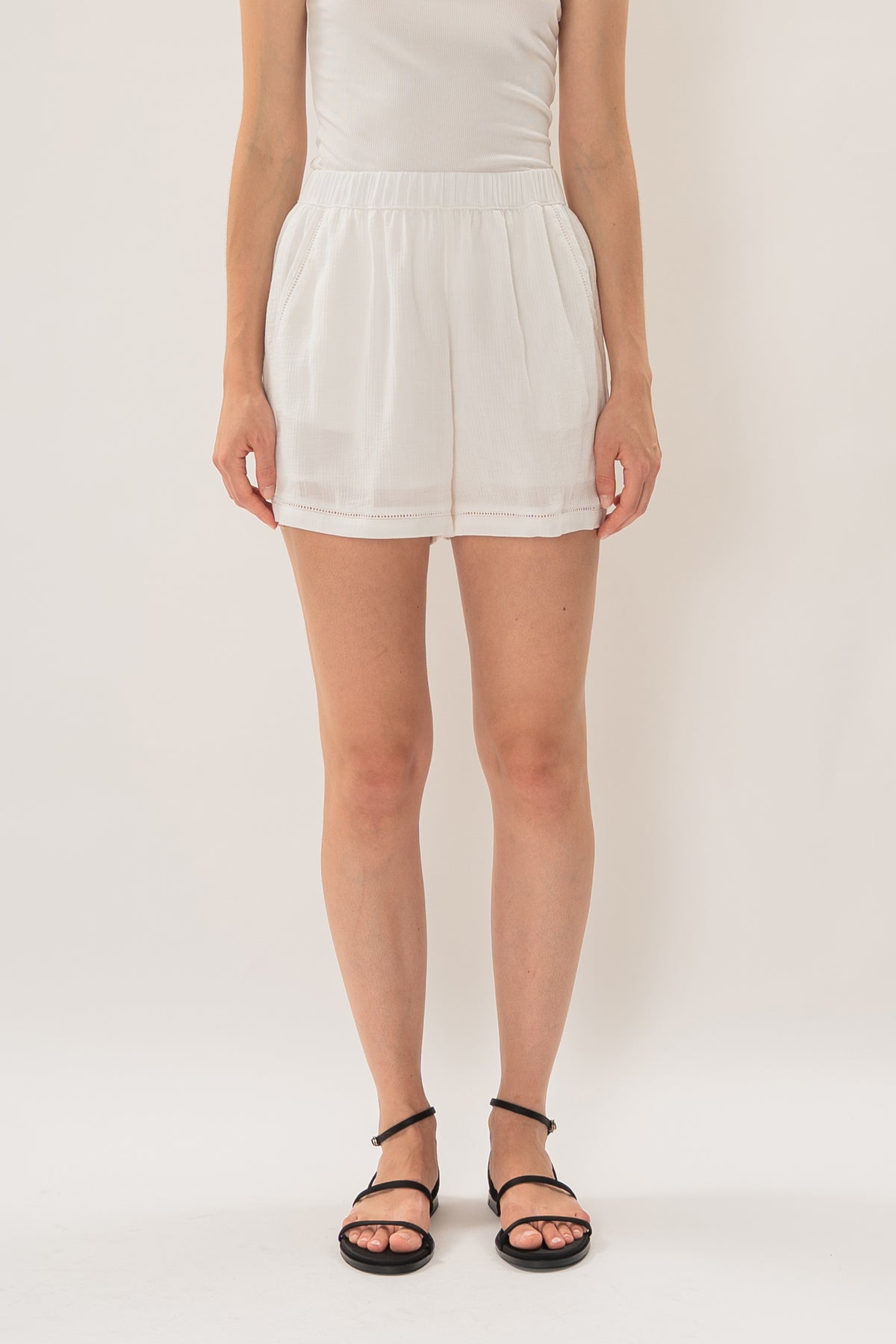 Gathered Waist Shorts With Eyelet Detailing in White