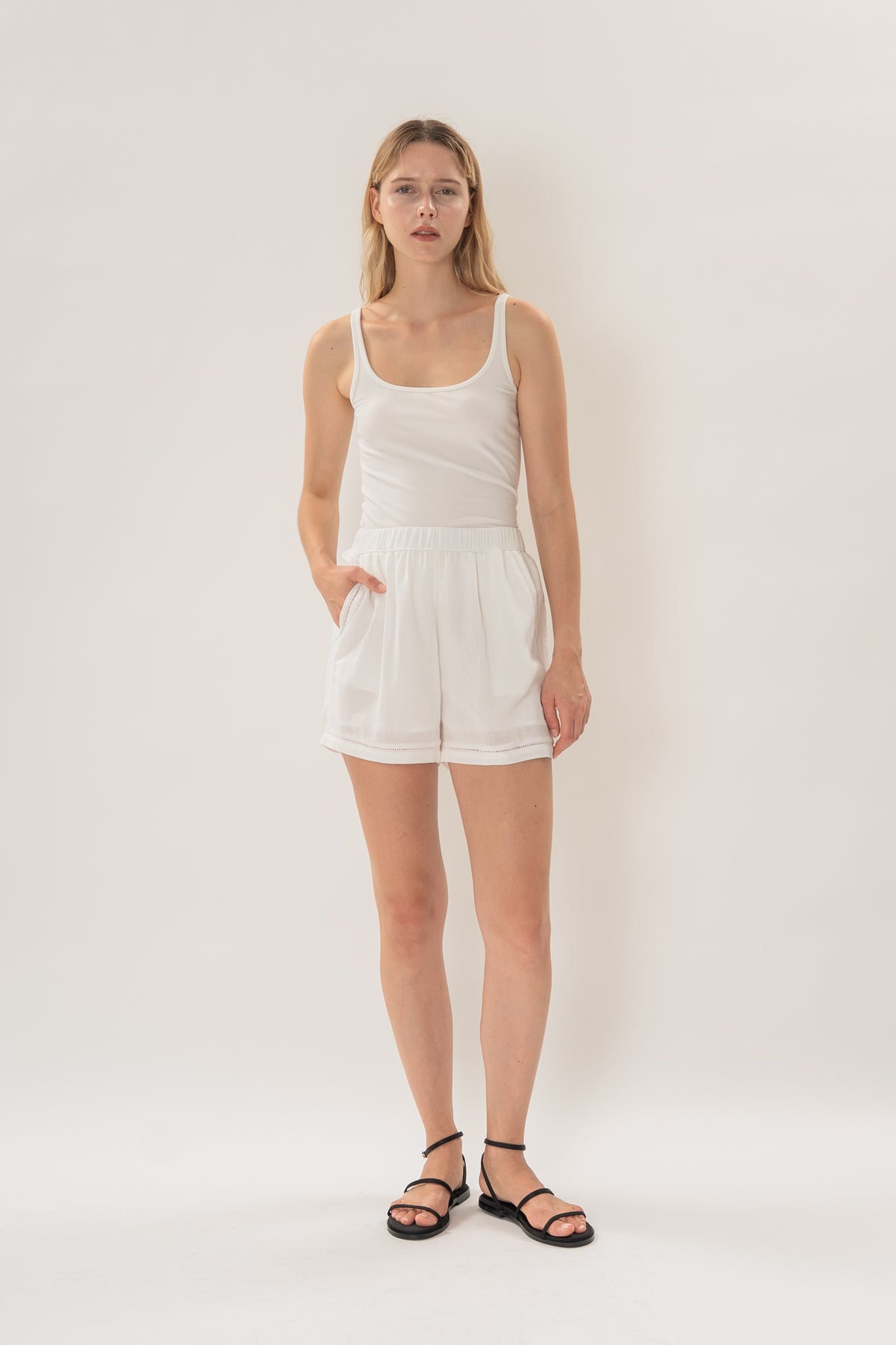 Gathered Waist Shorts With Eyelet Detailing in White