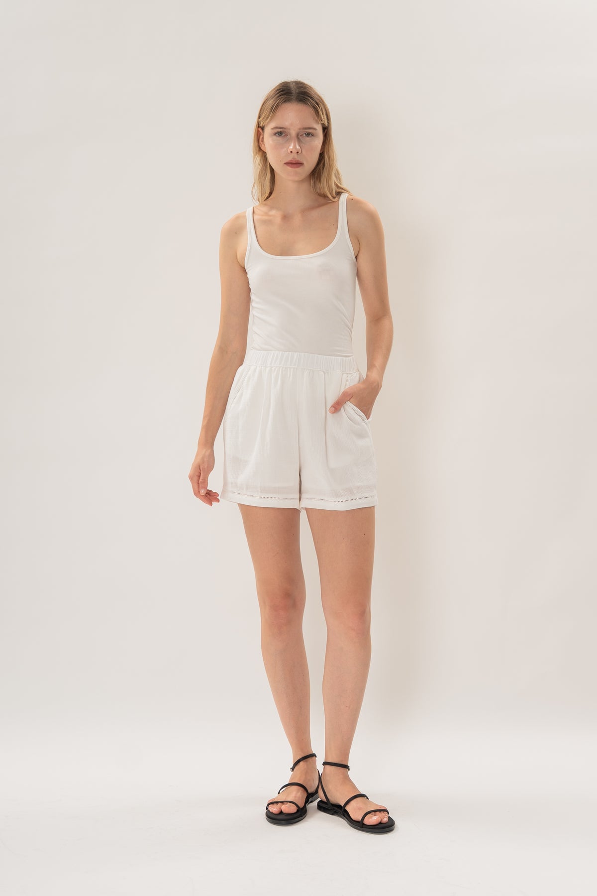 Gathered Waist Shorts With Eyelet Detailing in White