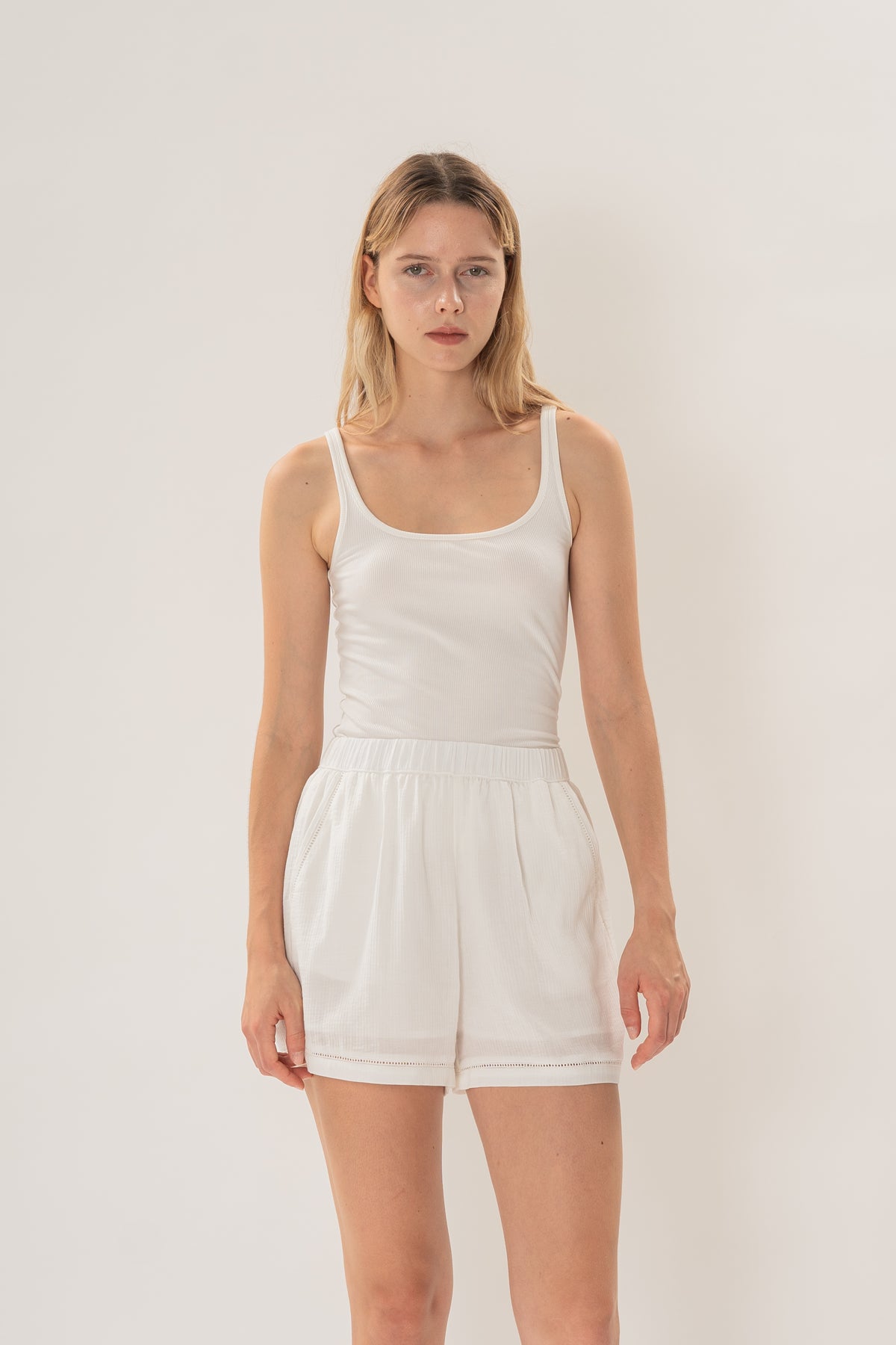 Gathered Waist Shorts With Eyelet Detailing in White