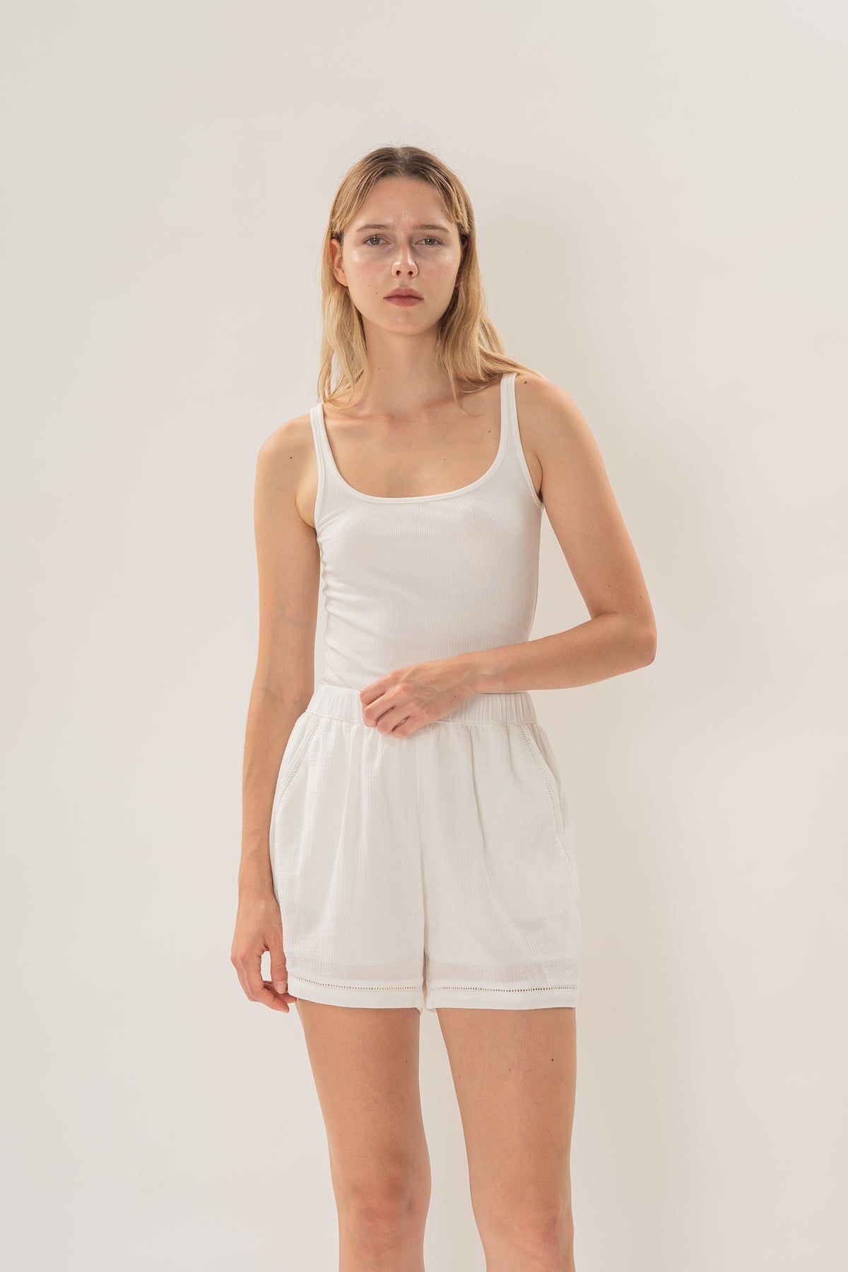 Gathered Waist Shorts With Eyelet Detailing in White
