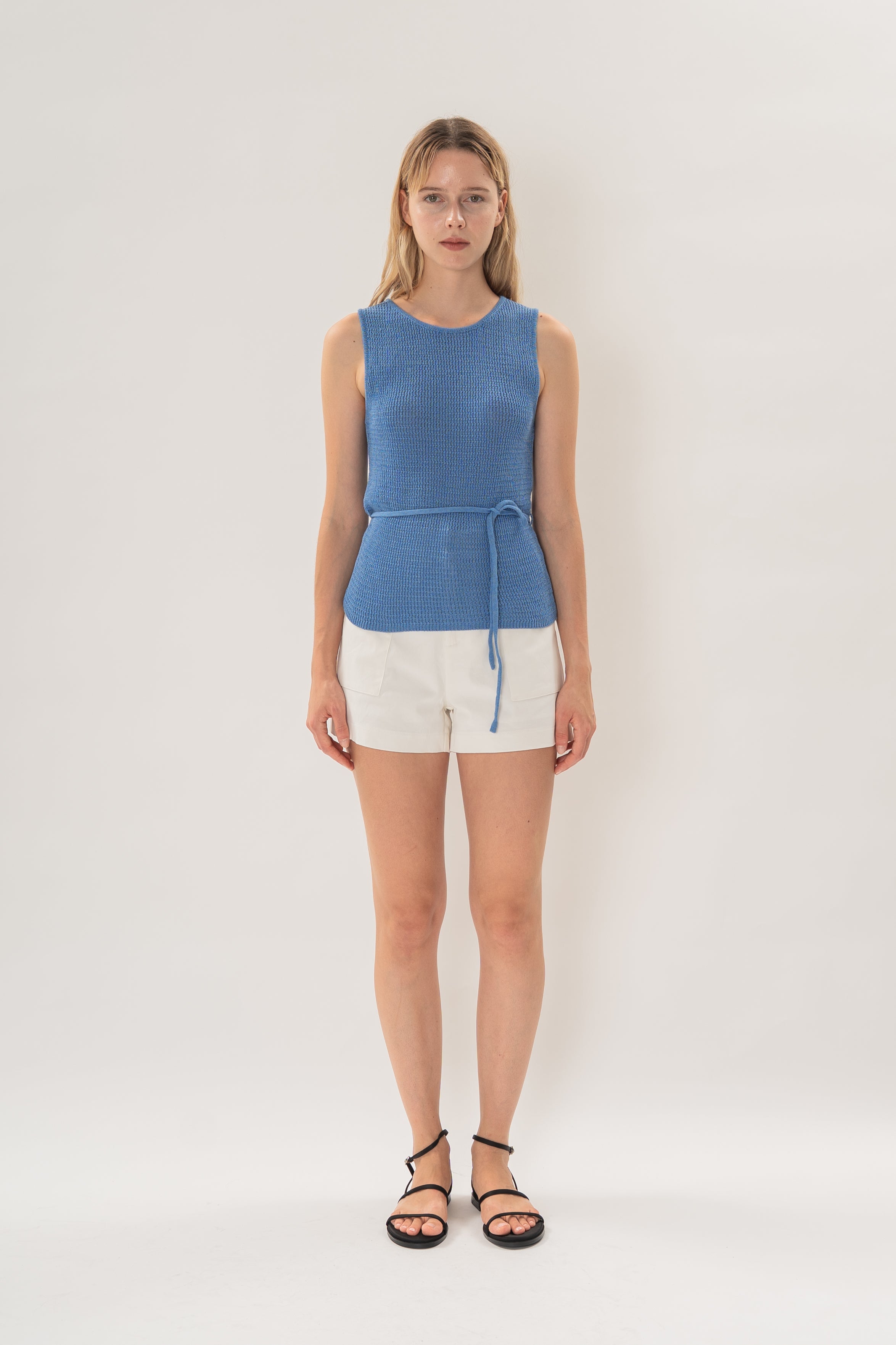Cotton-Blend Round Neck Knitted Tank in Coastal Blue