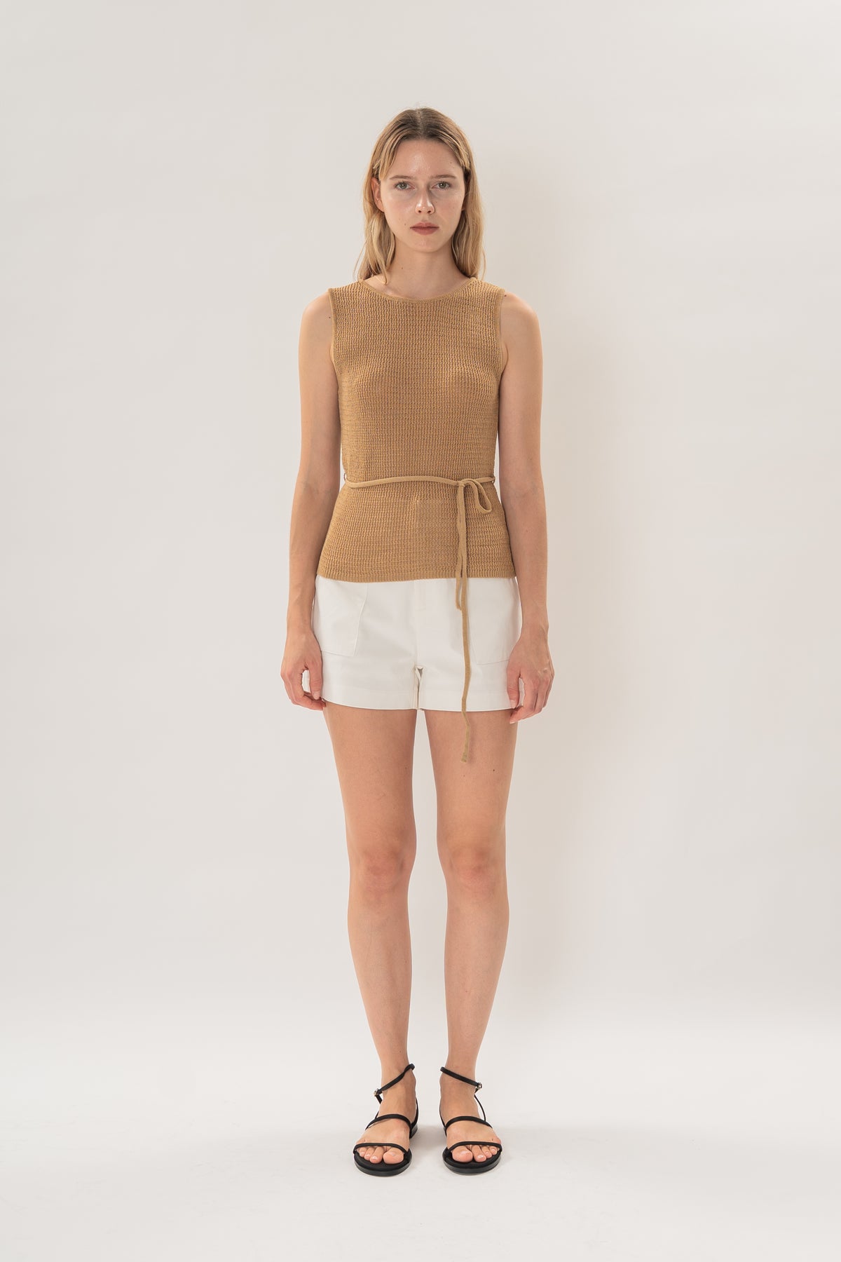 Cotton-Blend Round Neck Knitted Tank in Camel
