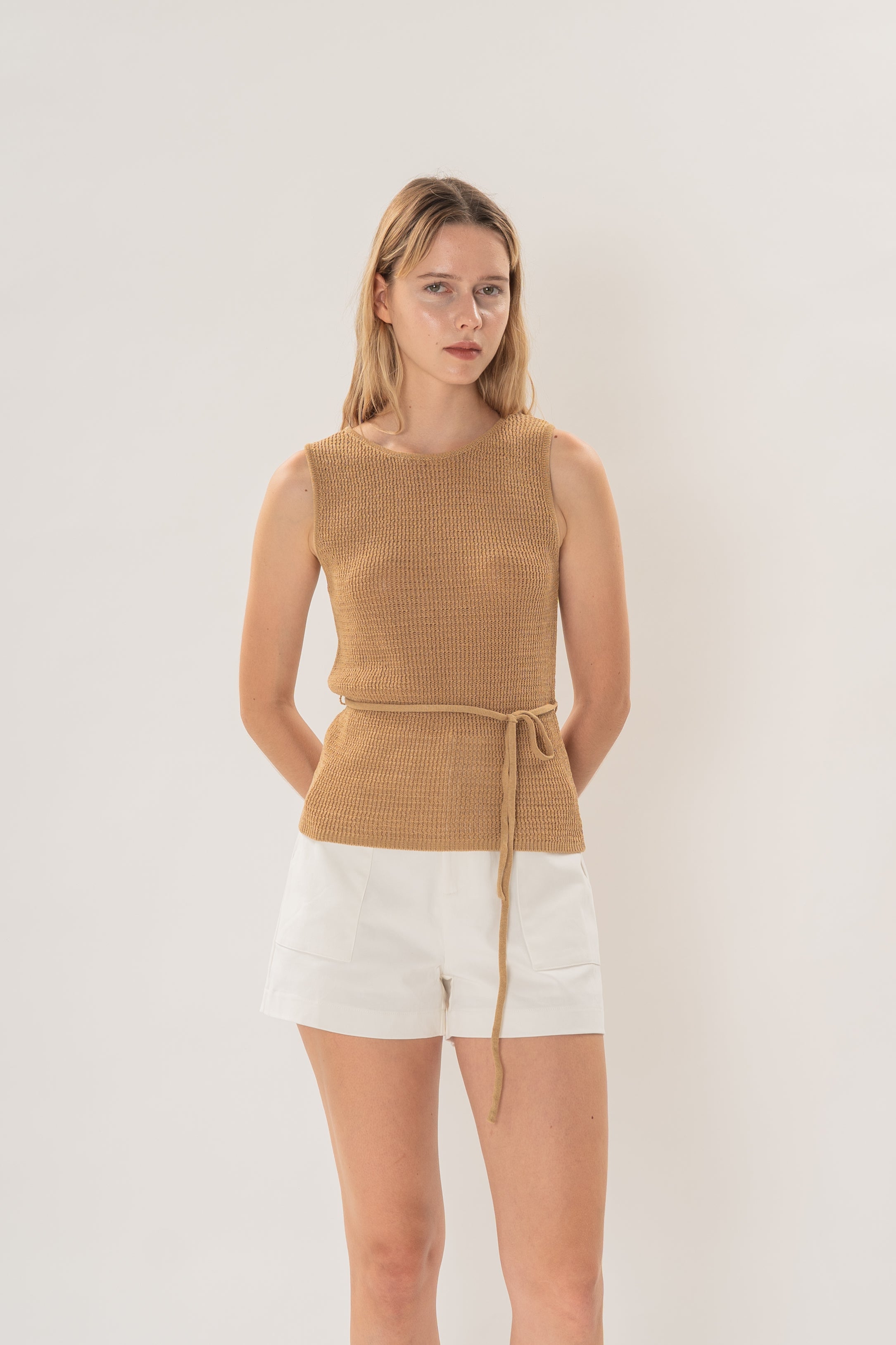 Cotton-Blend Round Neck Knitted Tank in Camel
