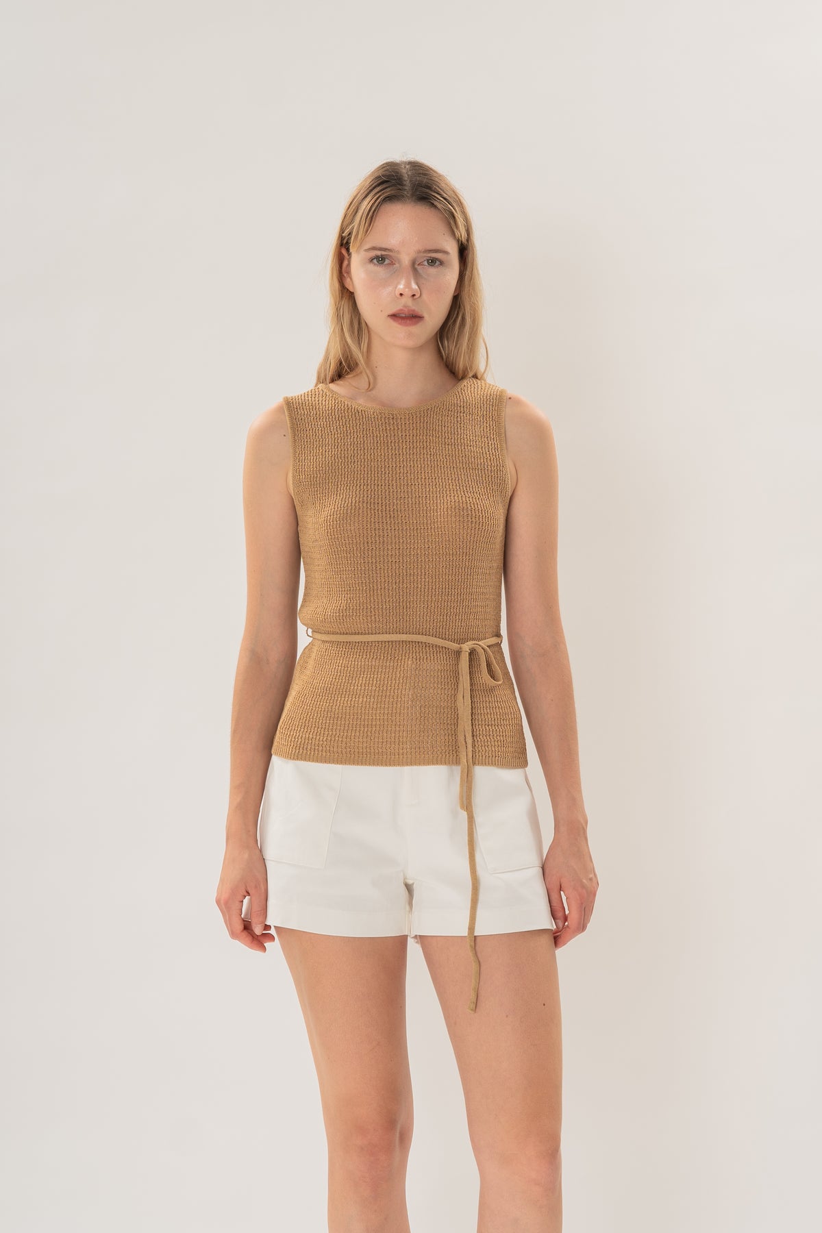 Cotton-Blend Round Neck Knitted Tank in Camel