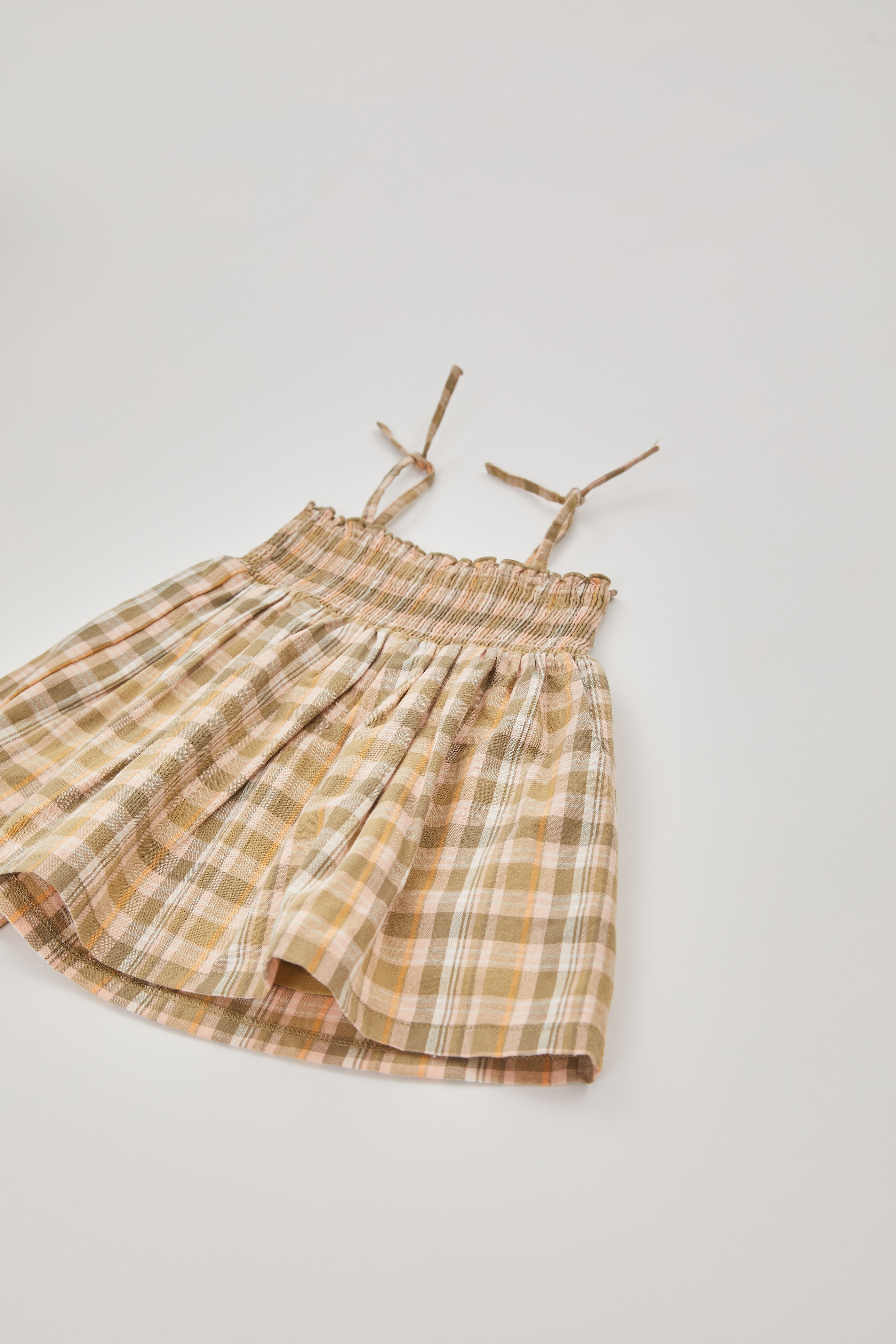 Mini Gingham Shirred Dress in Forest