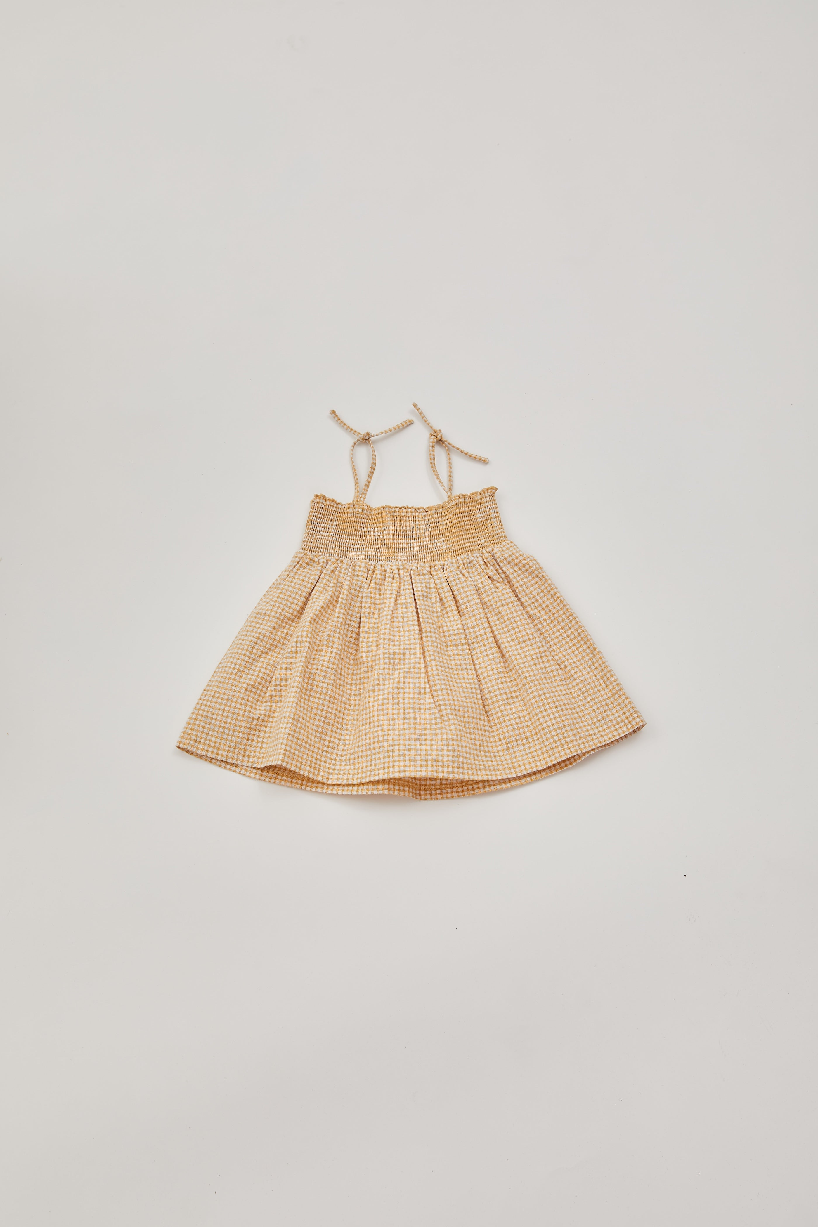 Mini Gingham Shirred Dress in Yellow