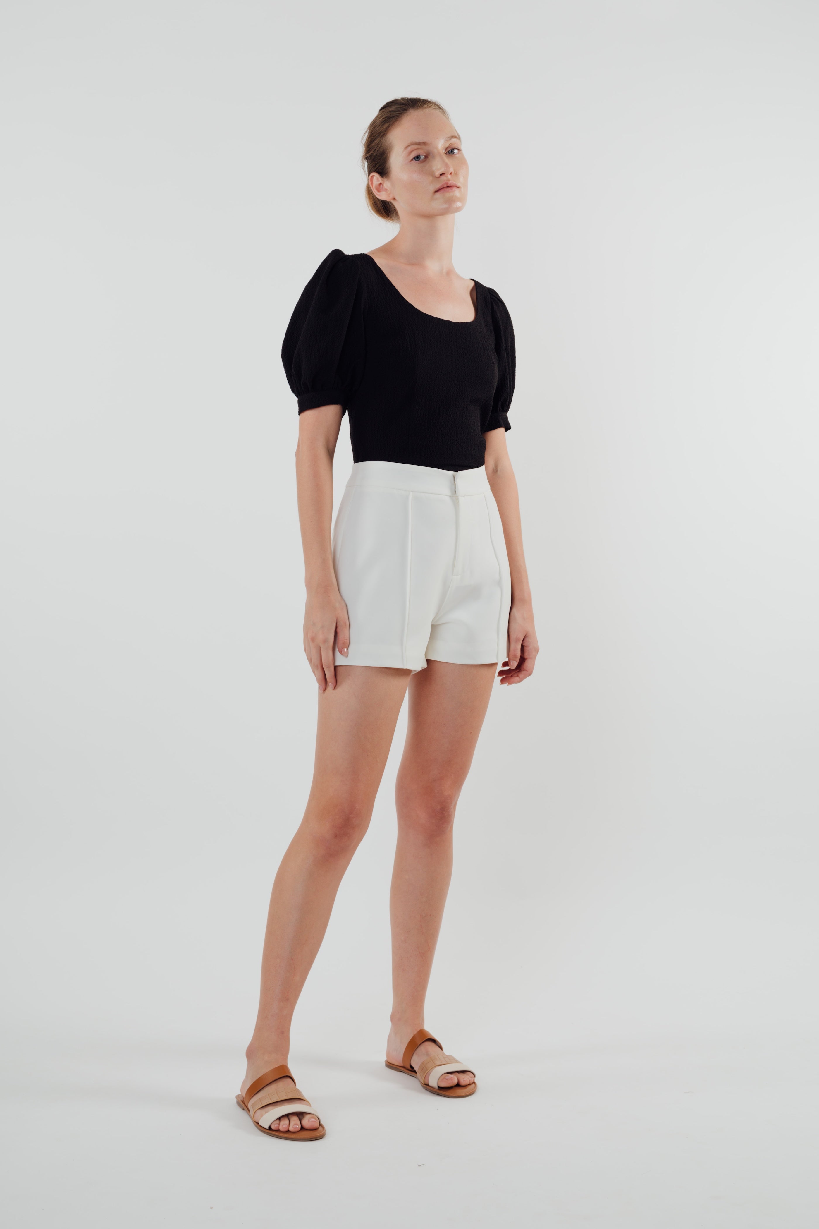 Puffed Sleeved Textured Top in Black (Sale)