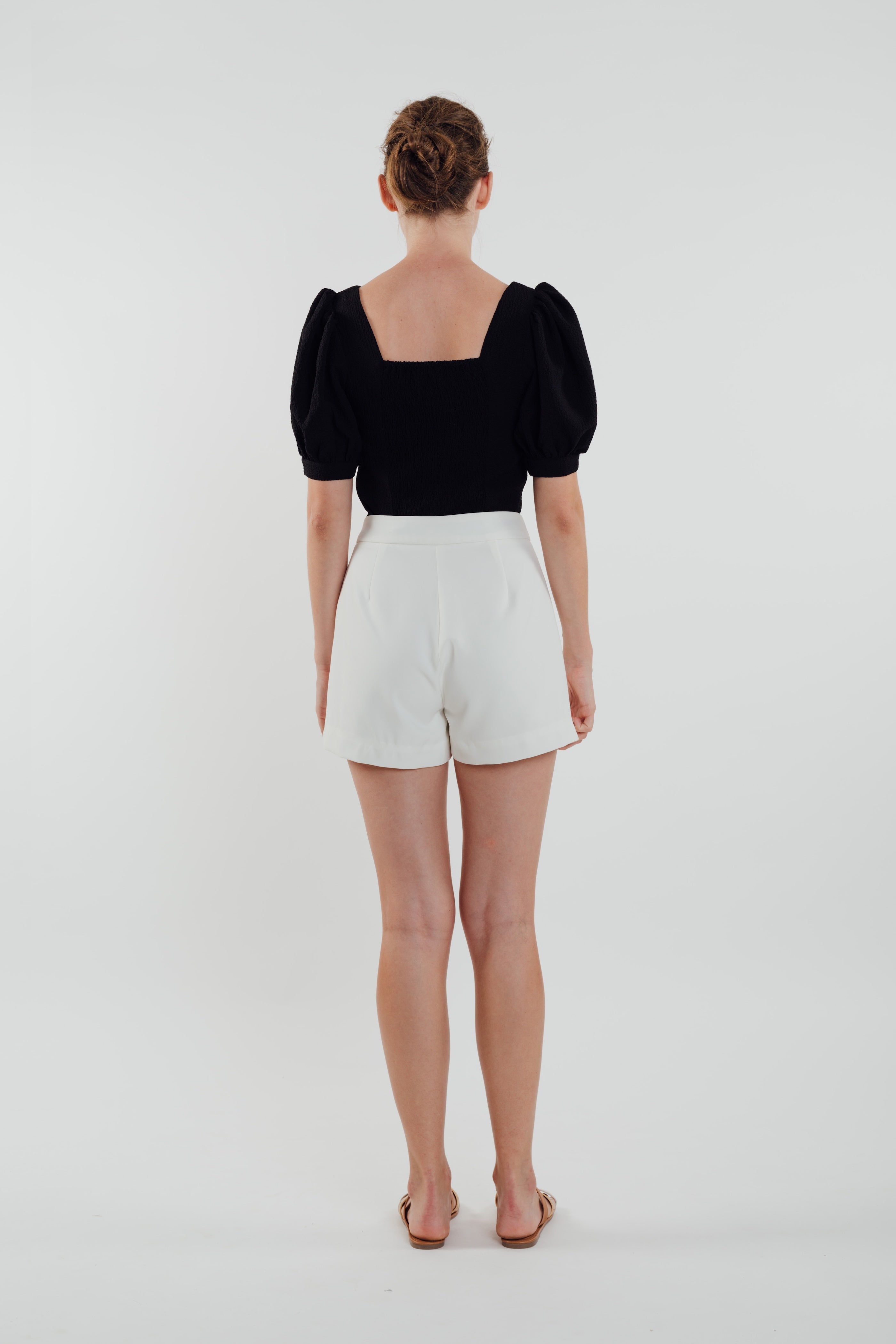 Puffed Sleeved Textured Top in Black (Sale)