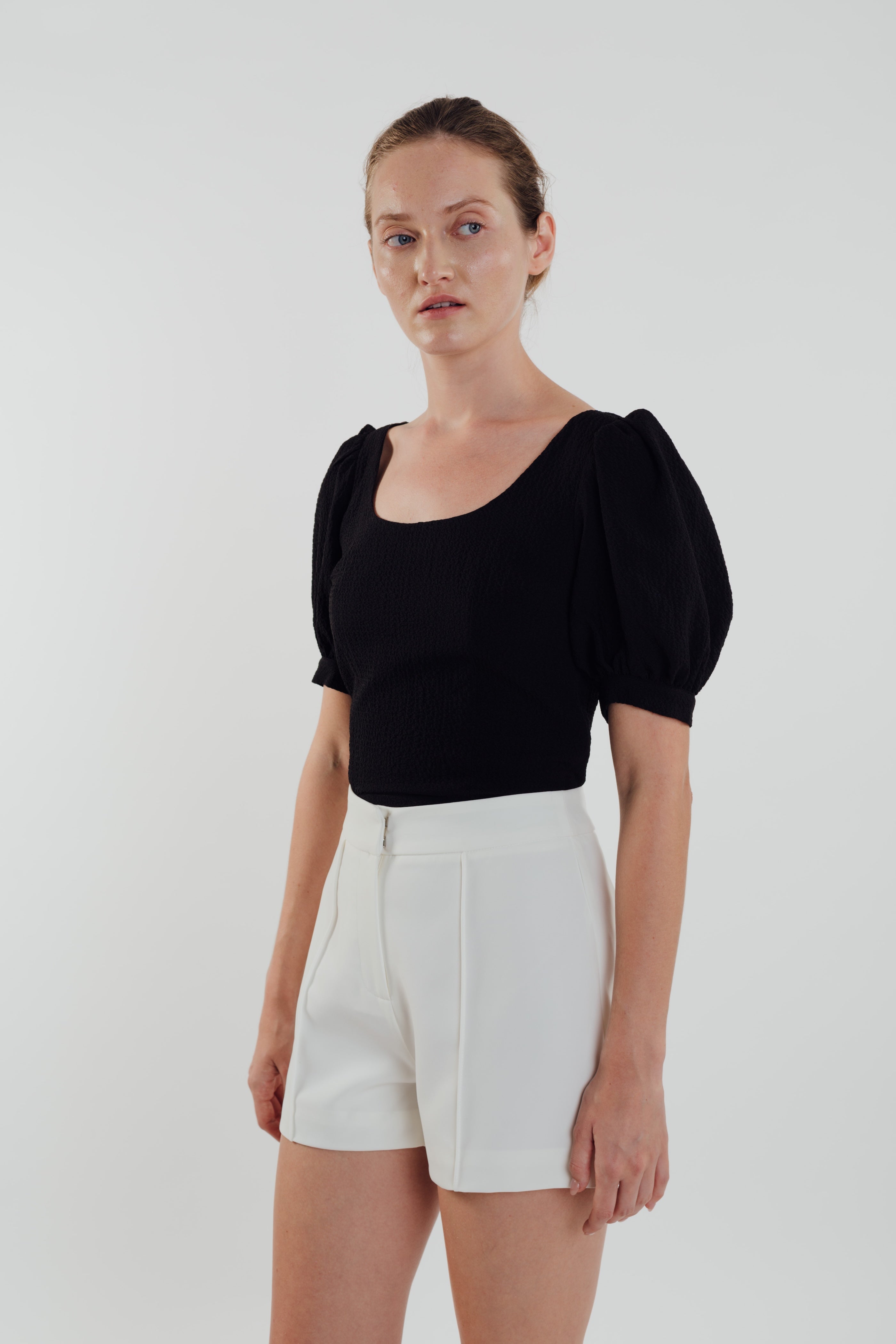 Puffed Sleeved Textured Top in Black (Sale)