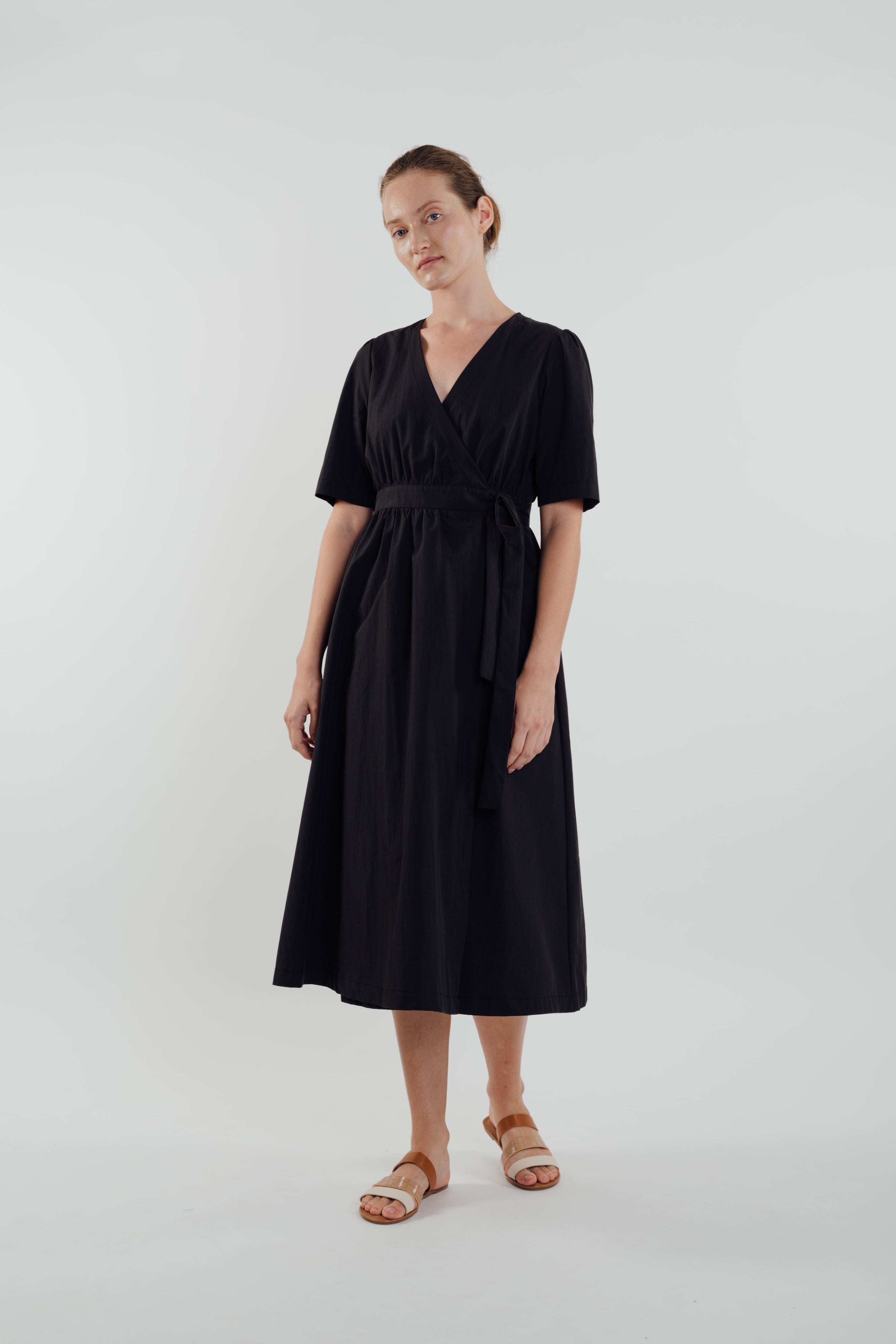 Cotton Midi Wrap Dress in Black