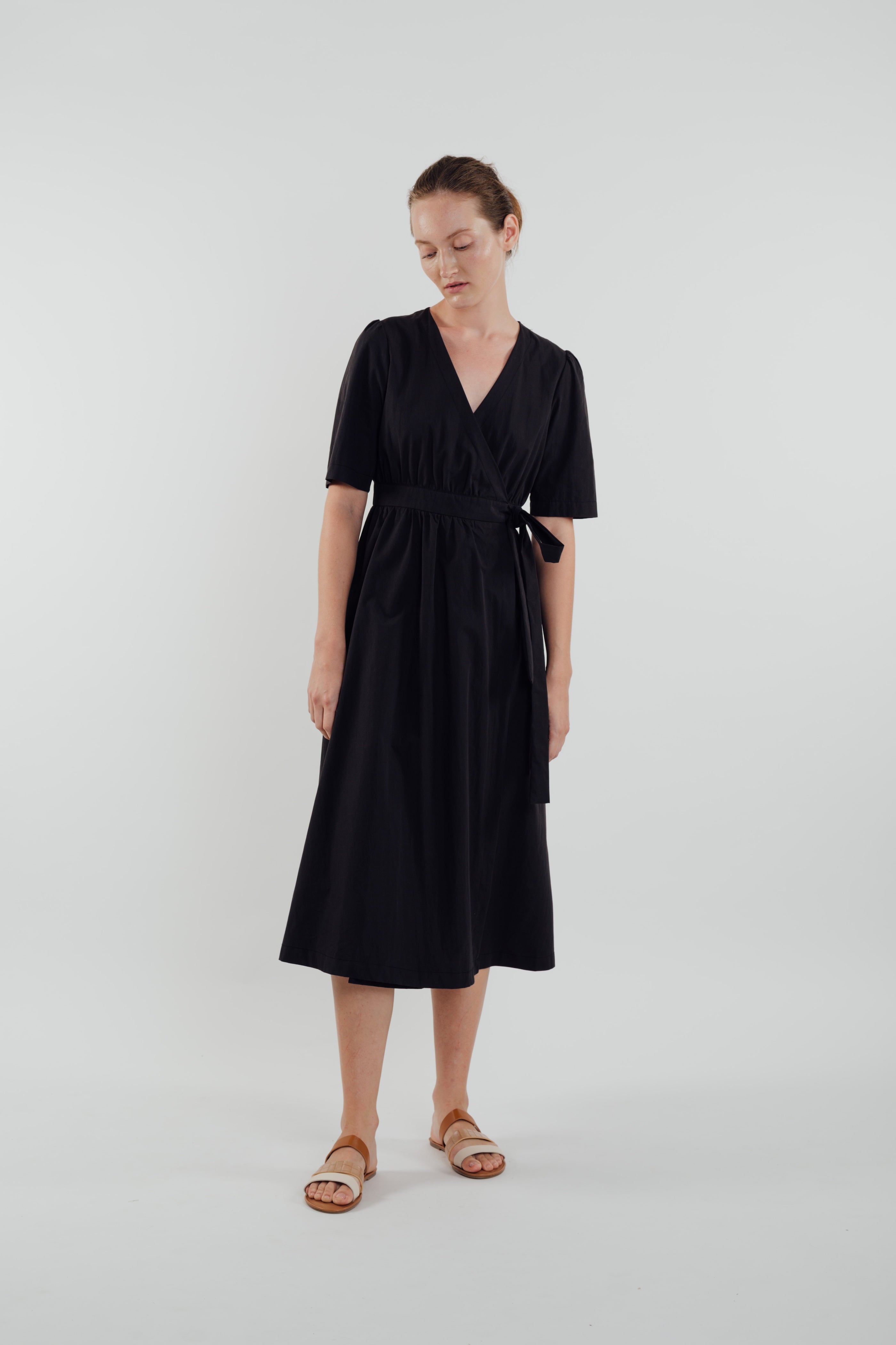 Cotton Midi Wrap Dress in Black