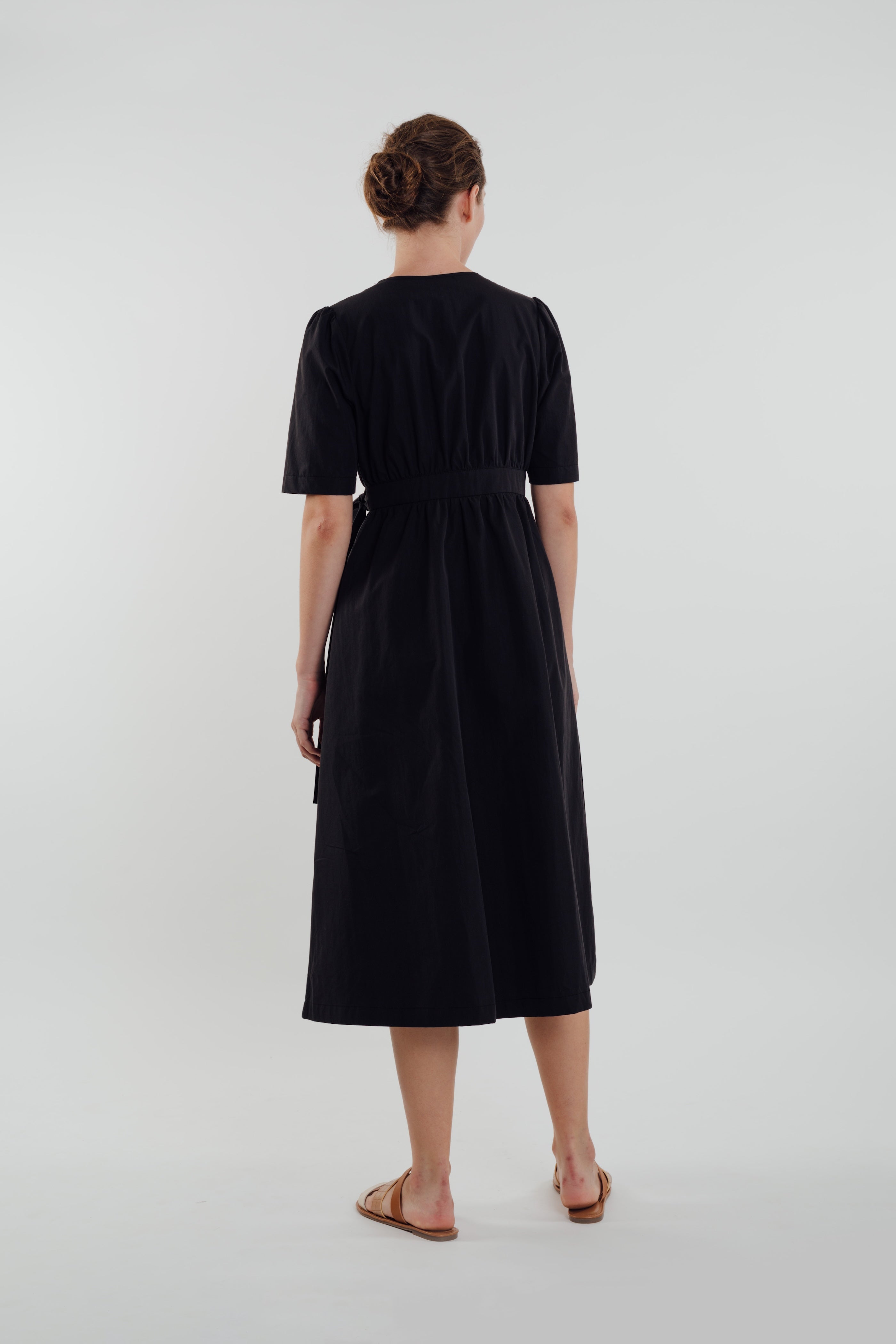 Cotton Midi Wrap Dress in Black