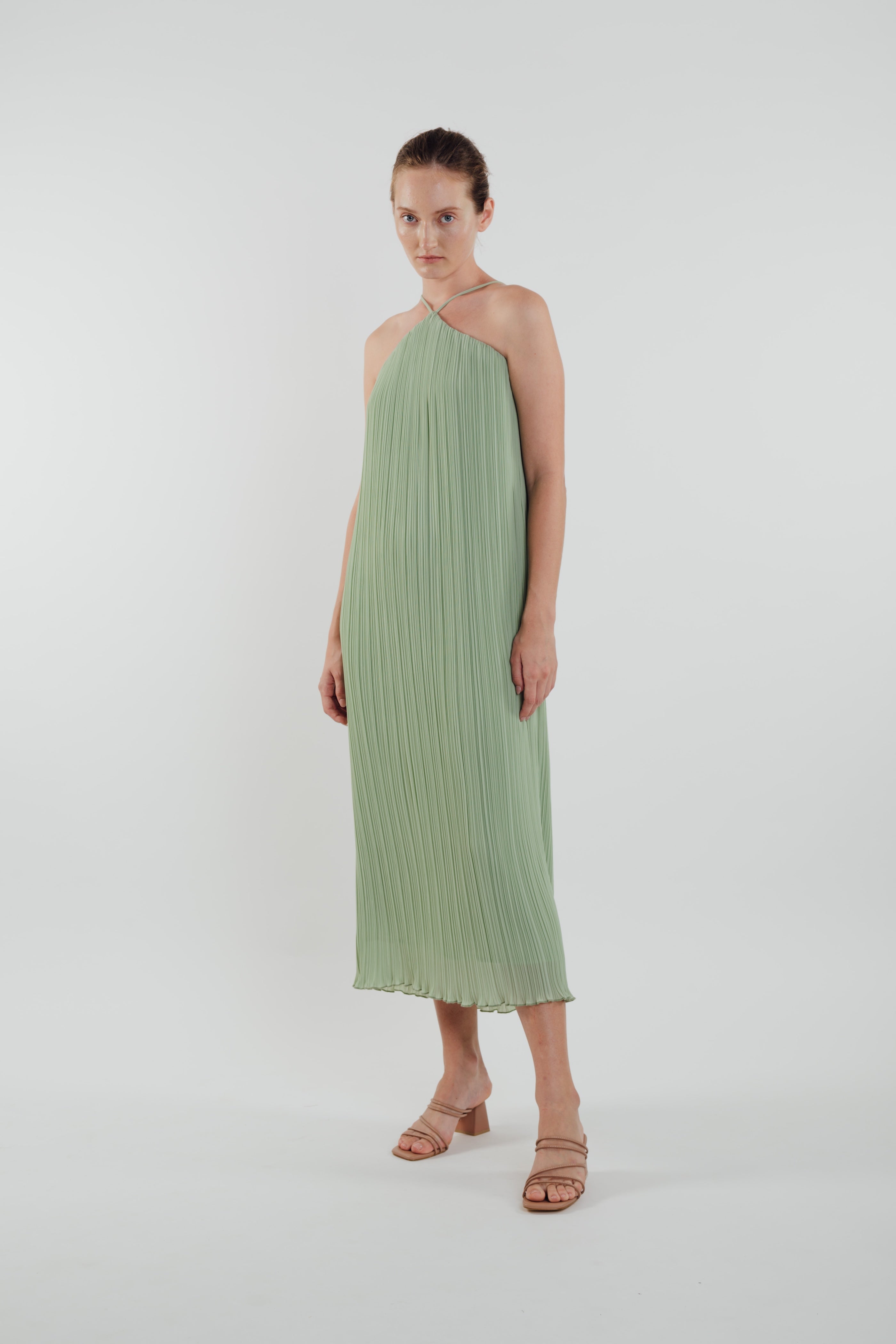 Halter Pleated Maxi Dress in Sage