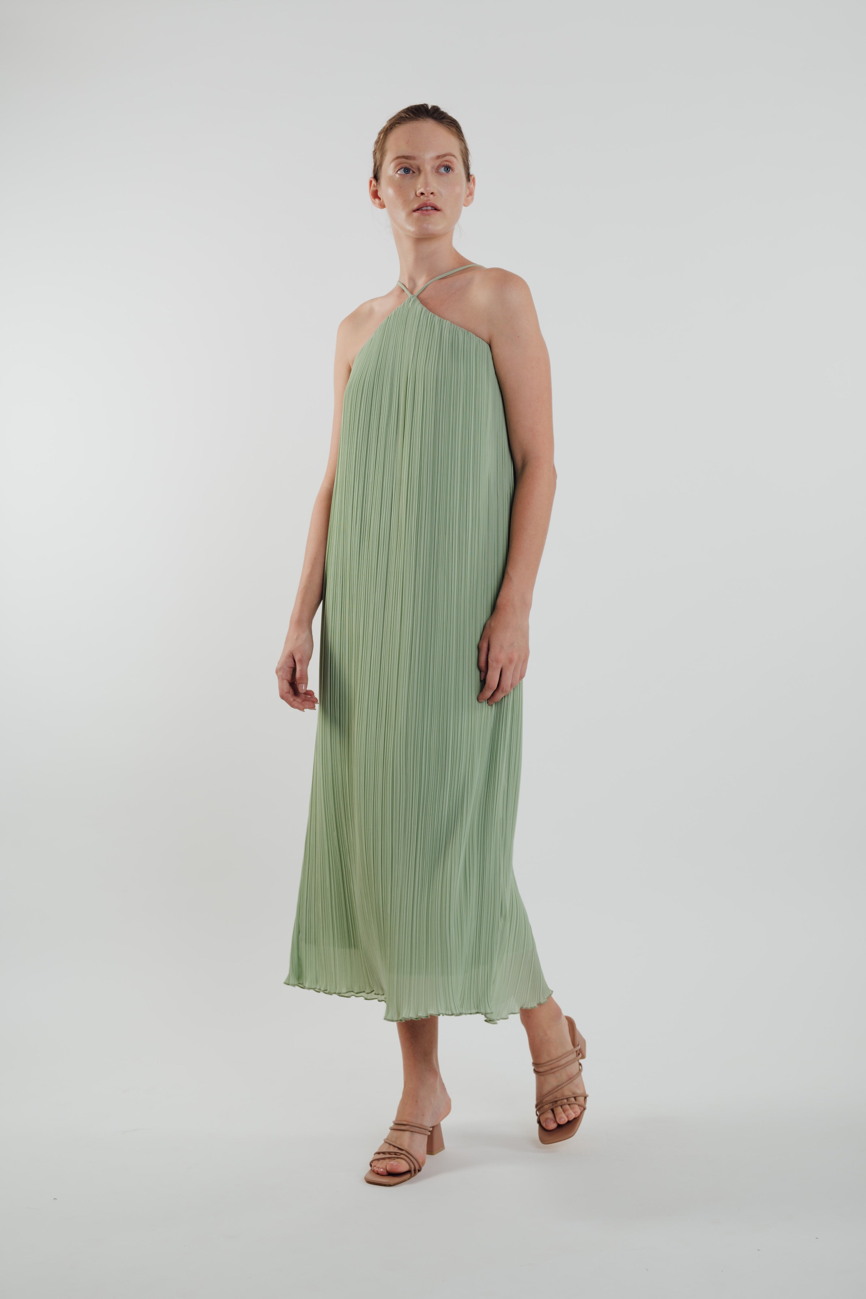 Halter Pleated Maxi Dress in Sage