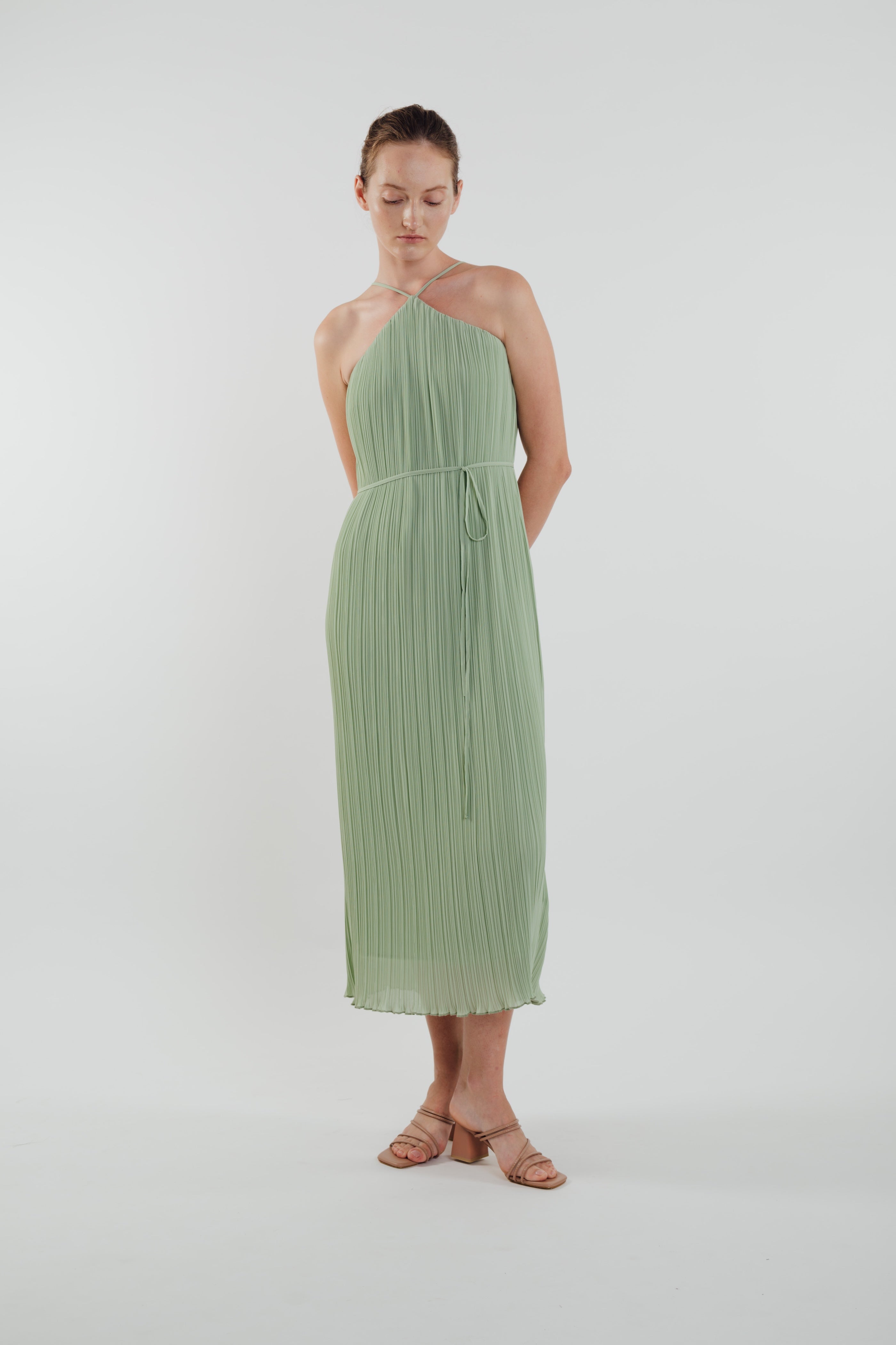 Halter Pleated Maxi Dress in Sage