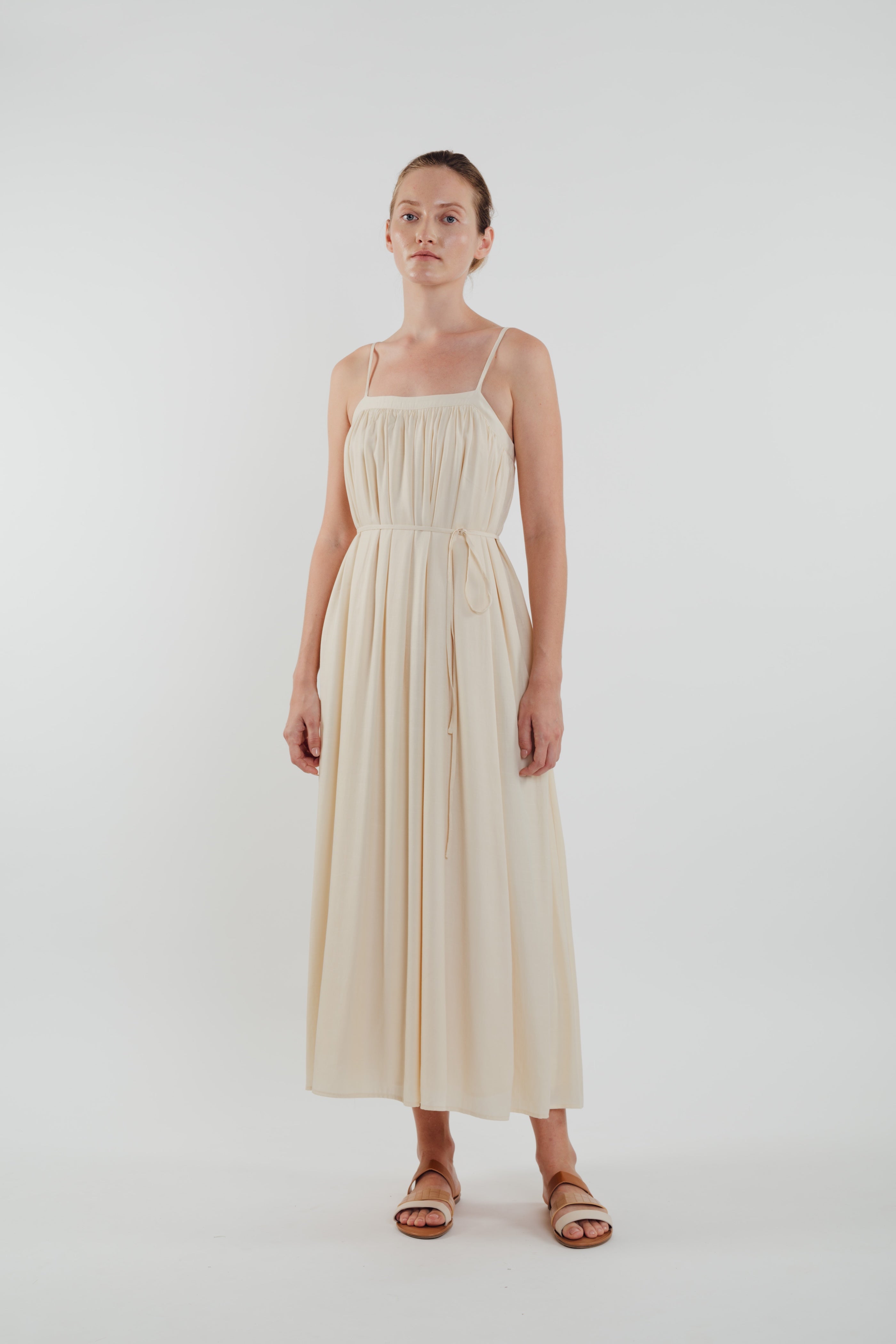 Gathered Midi Dress in Ecru