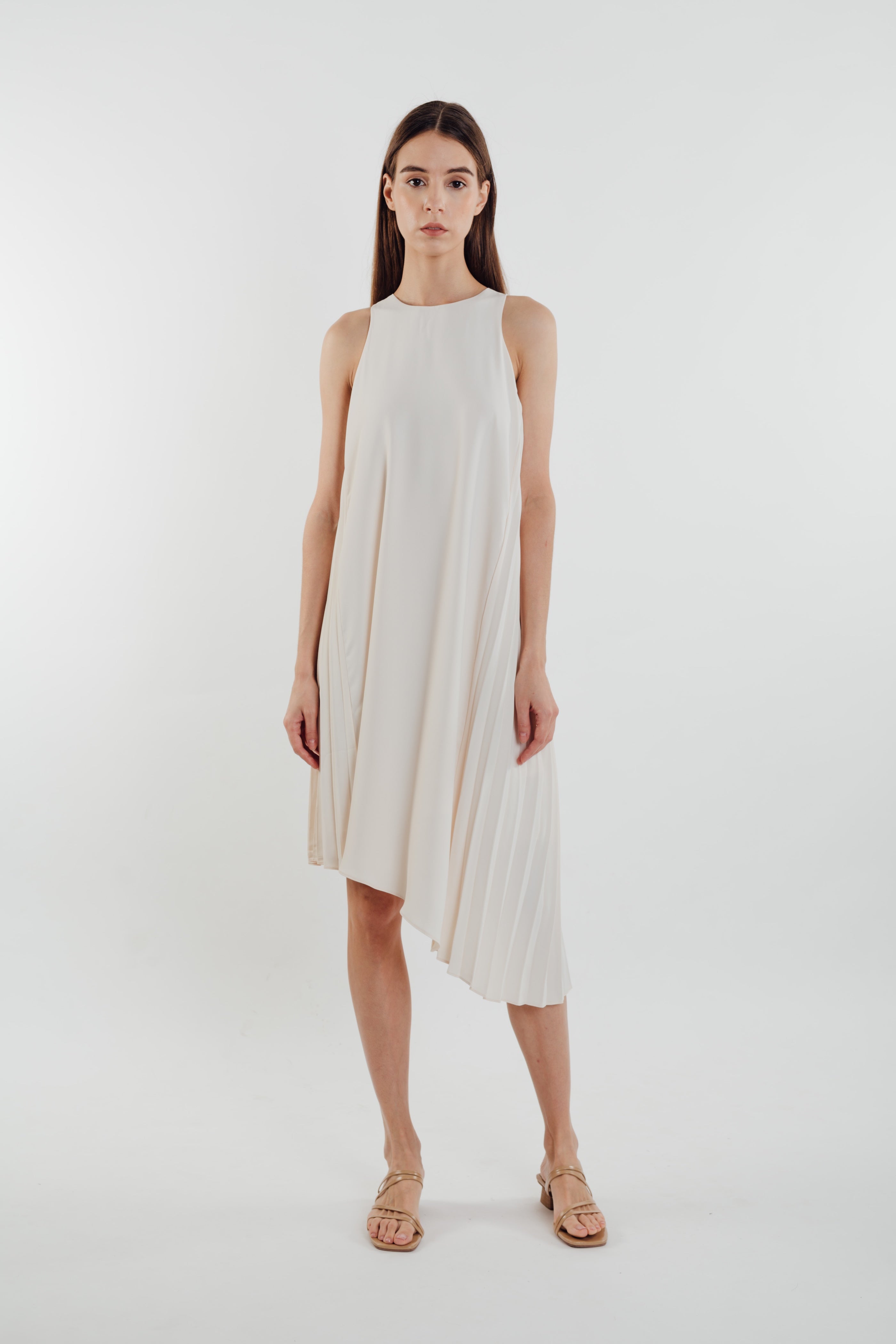 Asymmetric Pleated Dress in Pearl