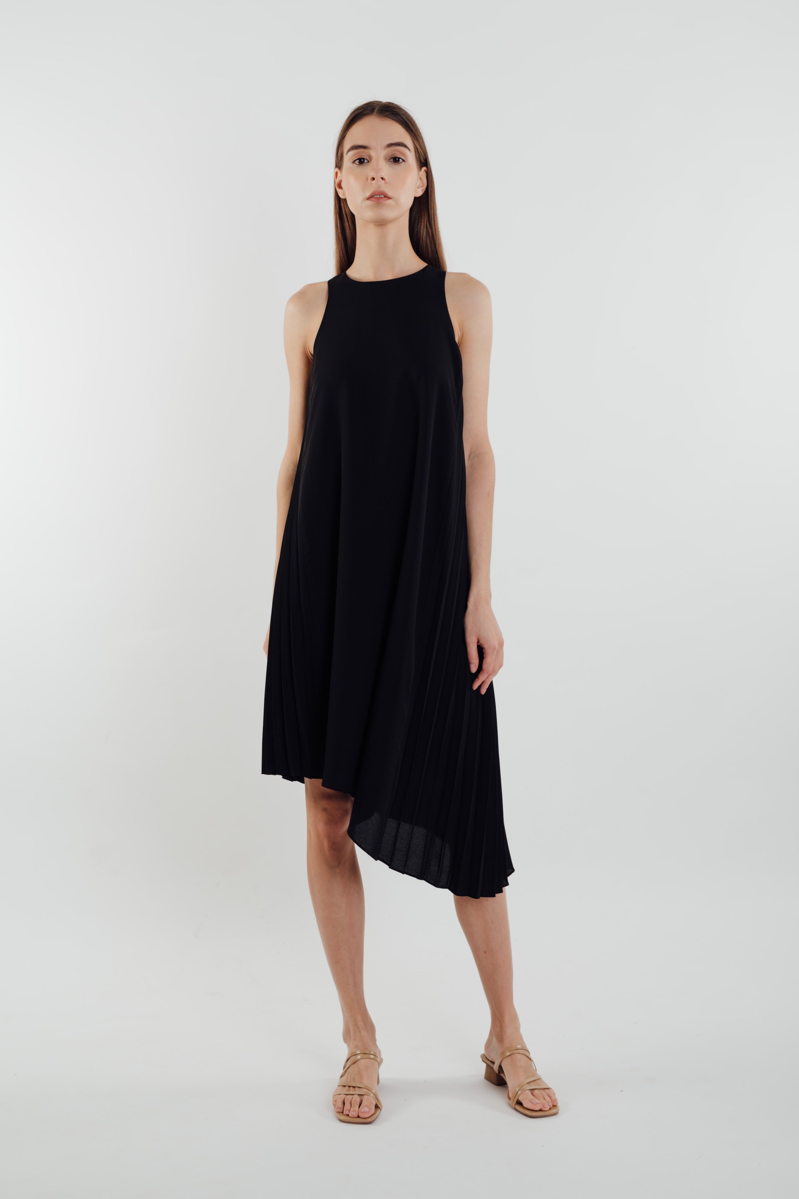 Asymmetric Pleated Dress in Black