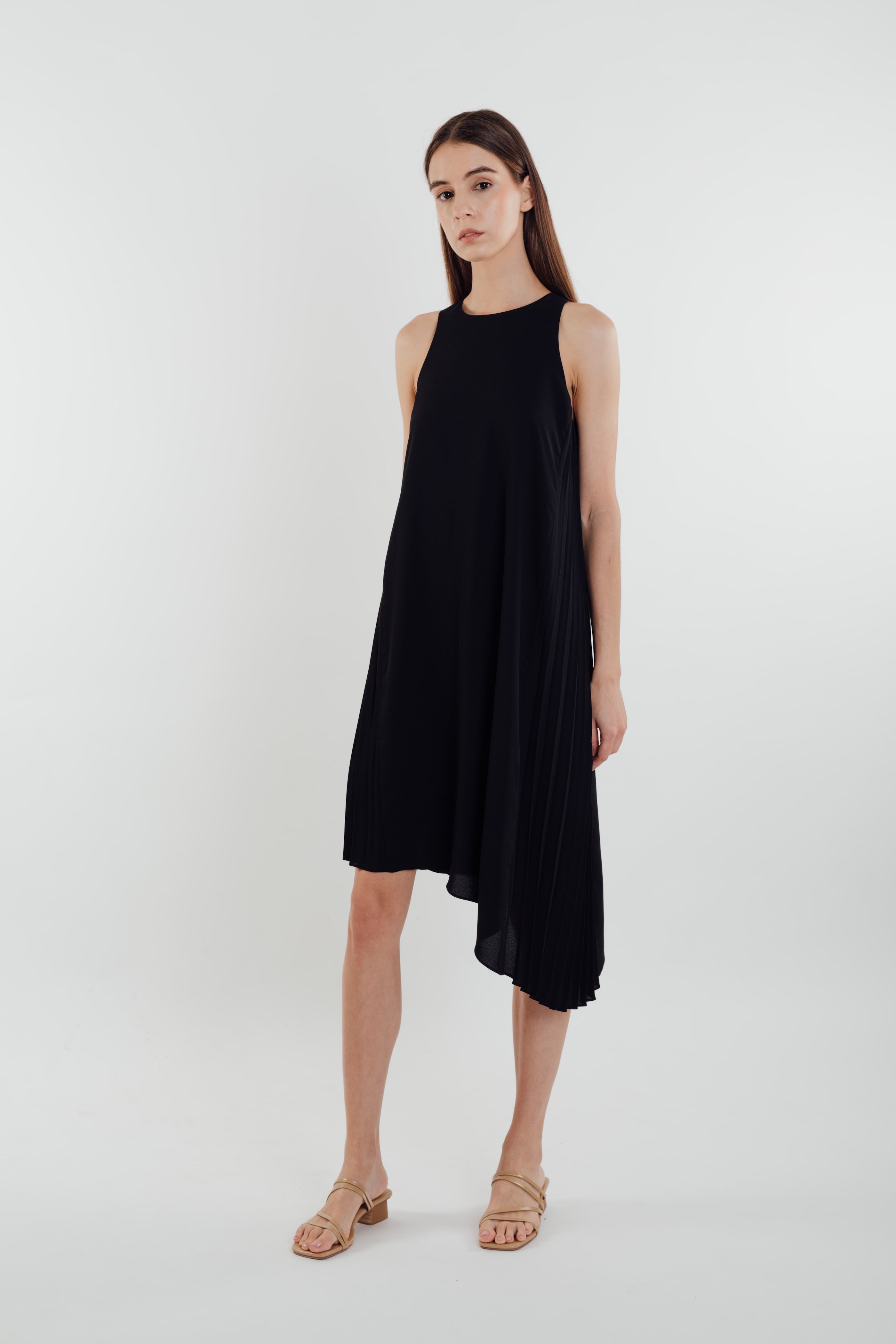 Asymmetric Pleated Dress in Black