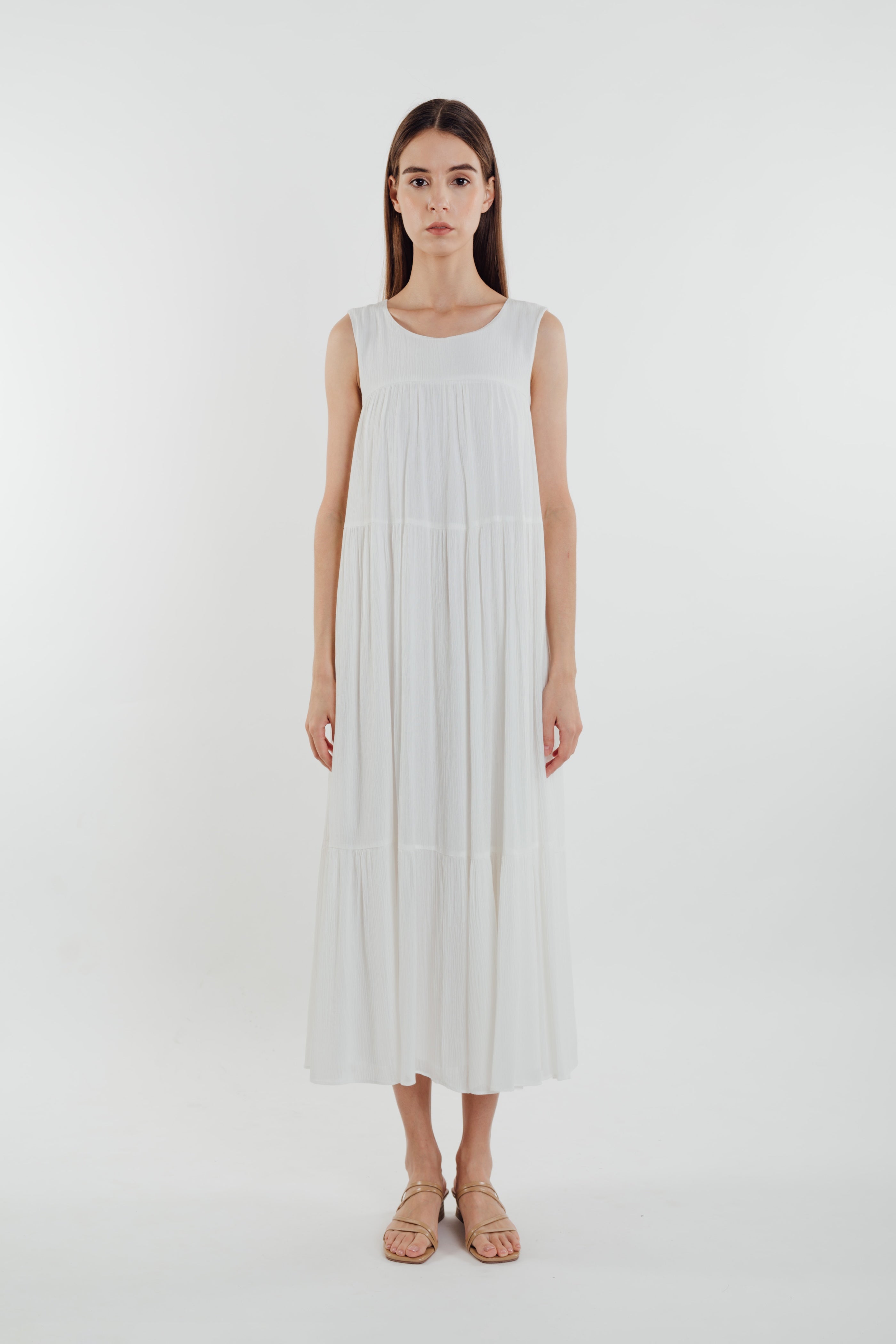 Tiered Textured Crepe Maxi Dress in White (Sale)