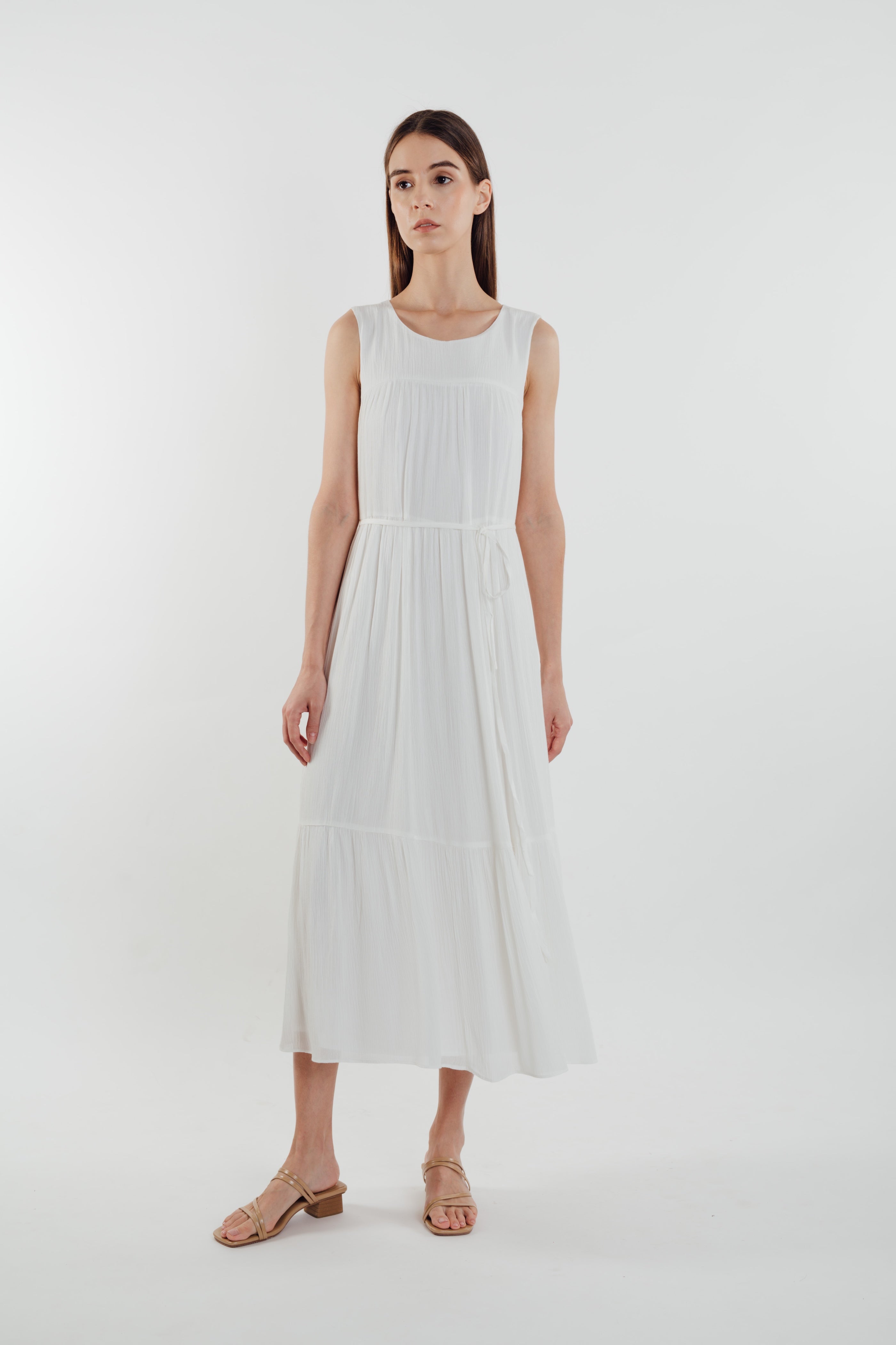 Tiered Textured Crepe Maxi Dress in White (Sale)