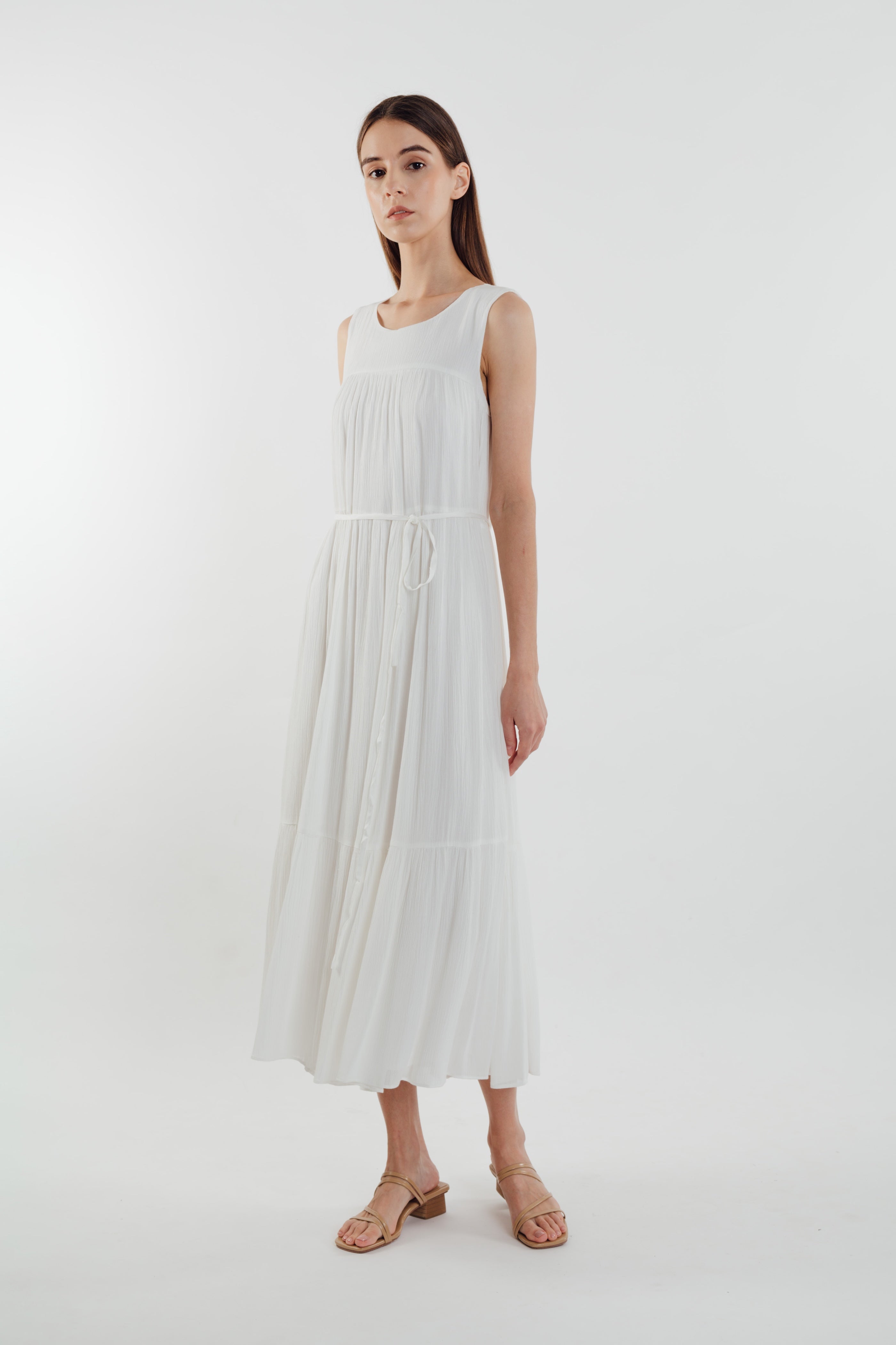 Tiered Textured Crepe Maxi Dress in White (Sale)