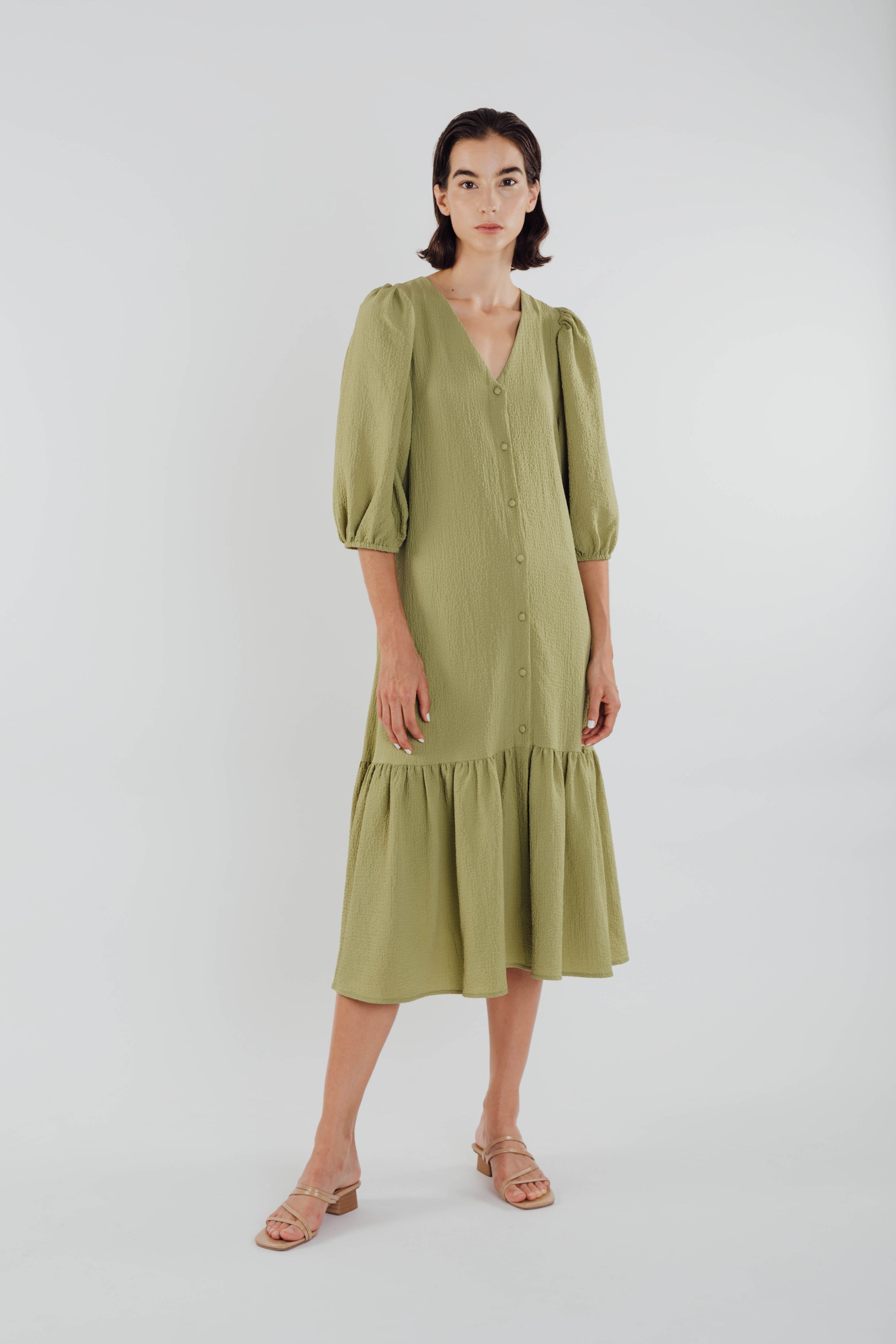 V-neck Midi Dress with Puffed Sleeves in Olive