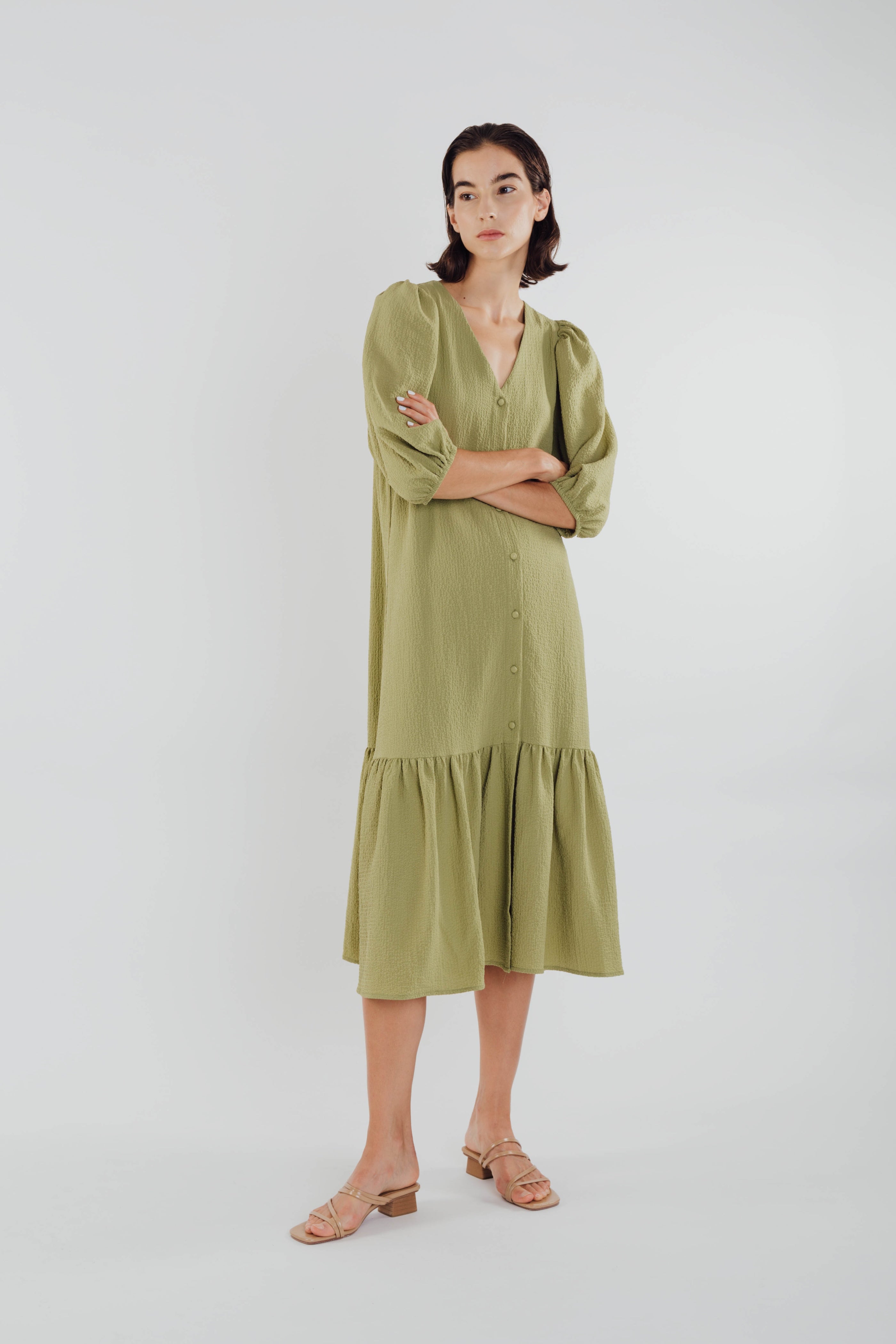 V-neck Midi Dress with Puffed Sleeves in Olive