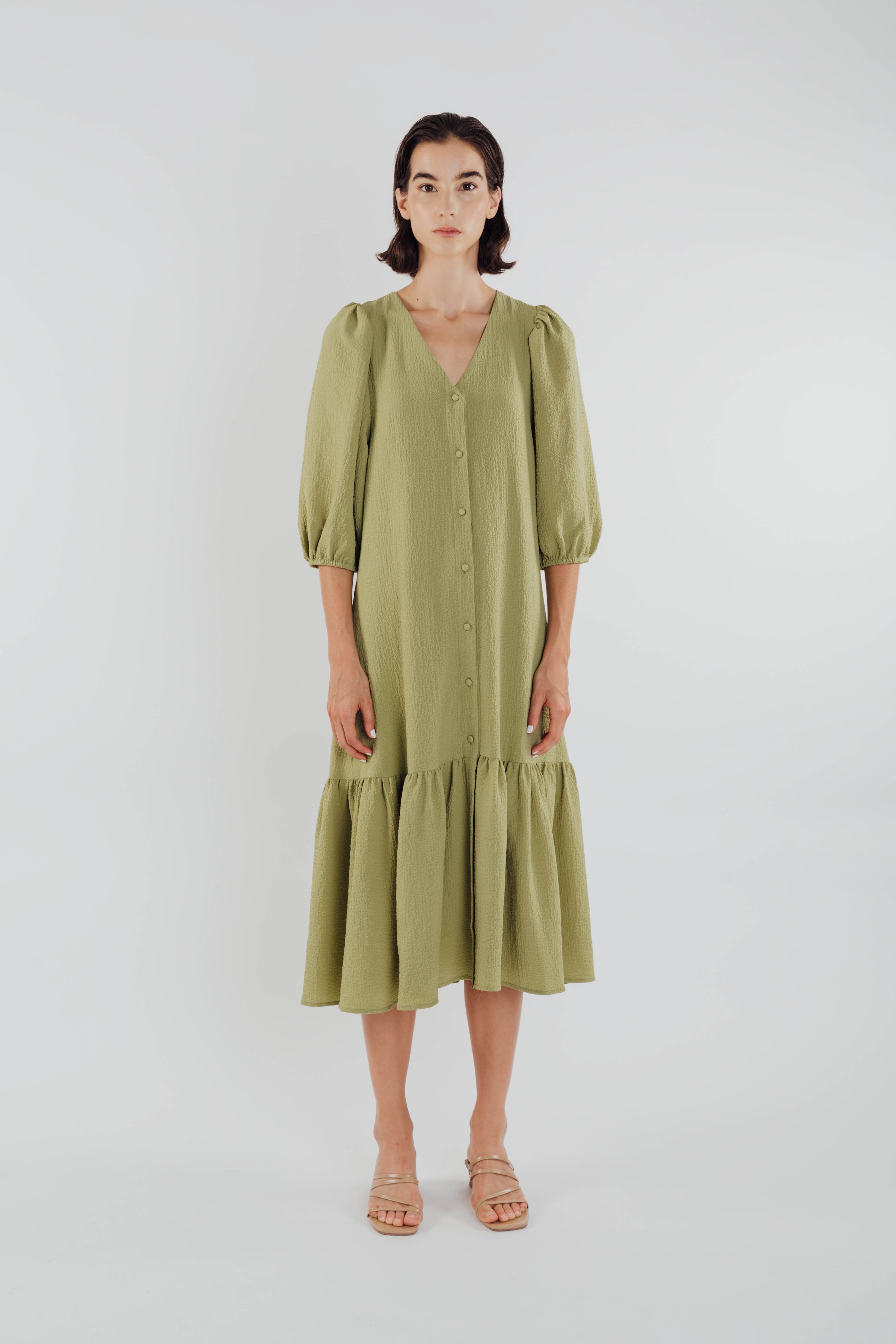 V-neck Midi Dress with Puffed Sleeves in Olive