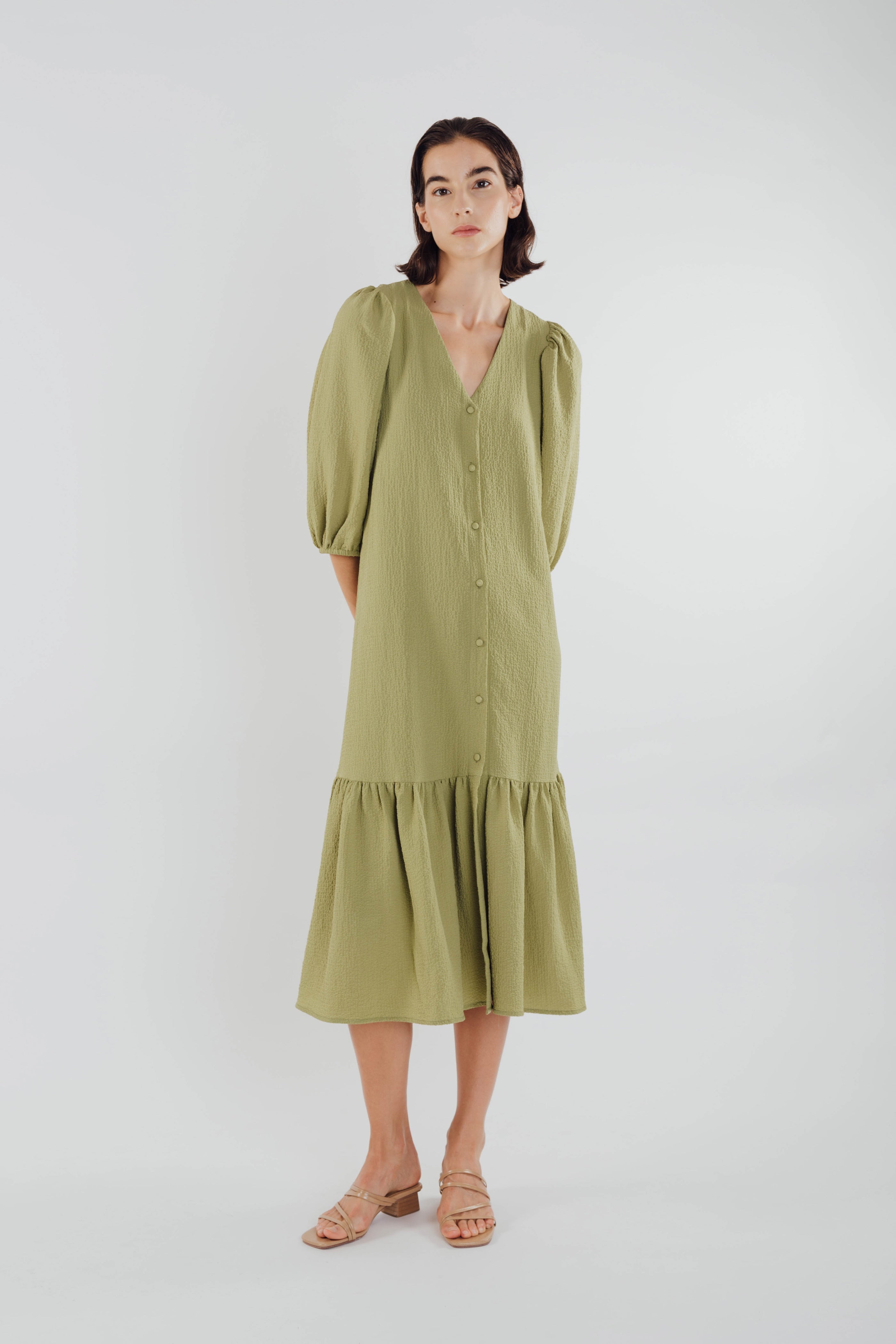 V-neck Midi Dress with Puffed Sleeves in Olive