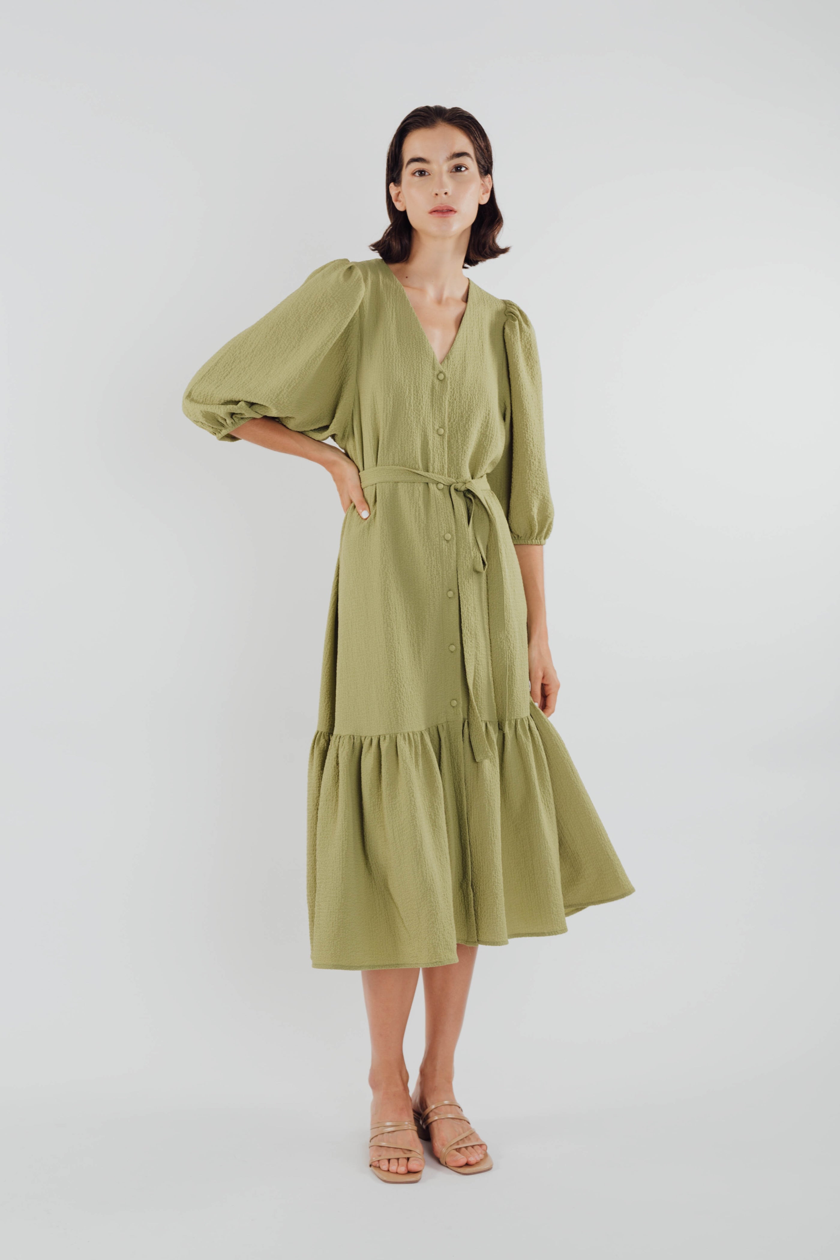 V-neck Midi Dress with Puffed Sleeves in Olive