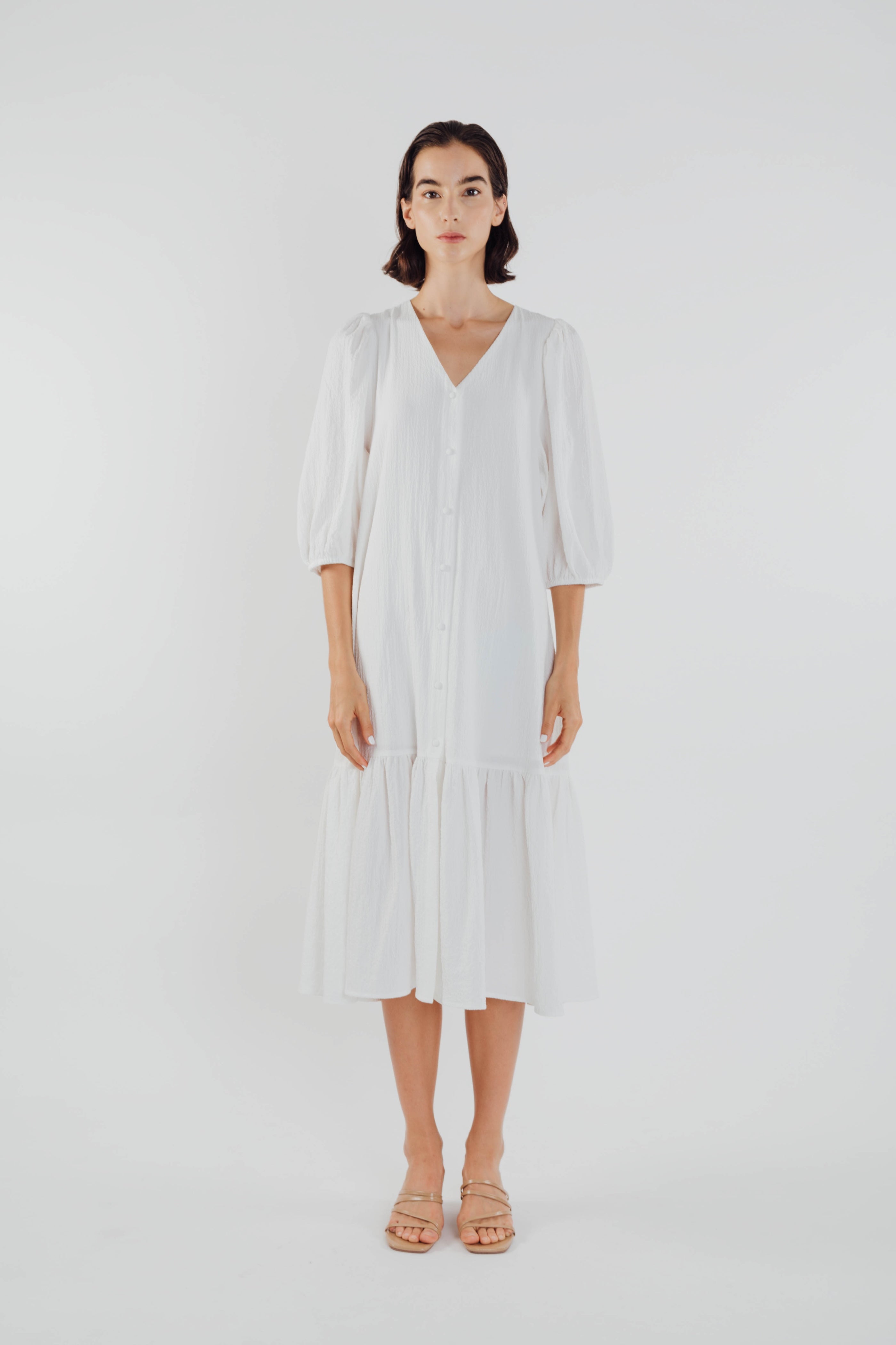 V-neck Midi Dress with Puffed Sleeves in White